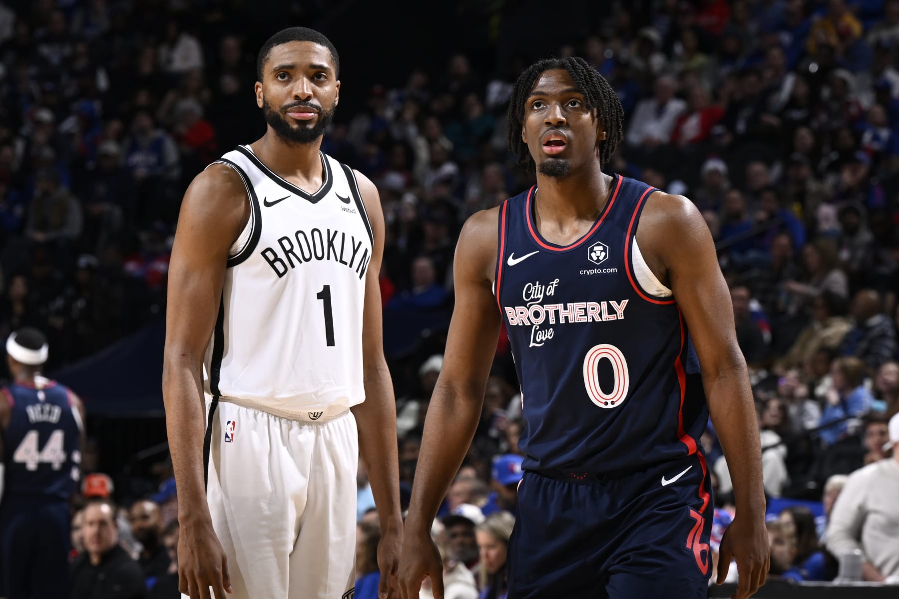 PHILADELPHIA, PA - FEBRUARY 3:  Mikal Bridges #1 of the Brooklyn Nets and Tyrese Maxey #0 of the Philadelphia 76ers looks on during the game on February 3, 2024 at the Wells Fargo Center in Philadelphia, Pennsylvania NOTE TO USER: User expressly acknowledges and agrees that, by downloading and/or using this Photograph, user is consenting to the terms and conditions of the Getty Images License Agreement. Mandatory Copyright Notice: Copyright 2024 NBAE (Photo by David Dow/NBAE via Getty Images)