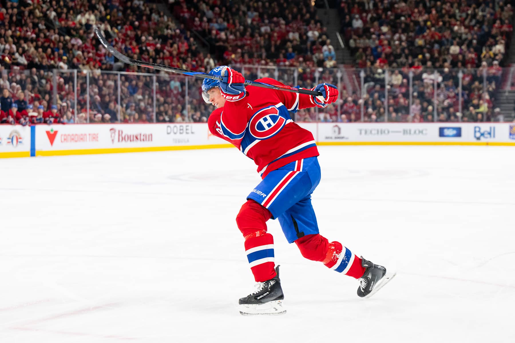 MONTREAL, CANADA- DECEMBER 21: Patrik Laine #92 of the Montreal Canadiens fires a slapshot on the power play during the first period of the NHL regular season game against the Detroit Red Wings at the Bell Centre on December 21, 2024 in Montreal, Quebec, Canada. The Montreal Canadiens defeated the Detroit Red Wings by a score of 5-1. (Photo by Matt Garies/NHLI via Getty Images)