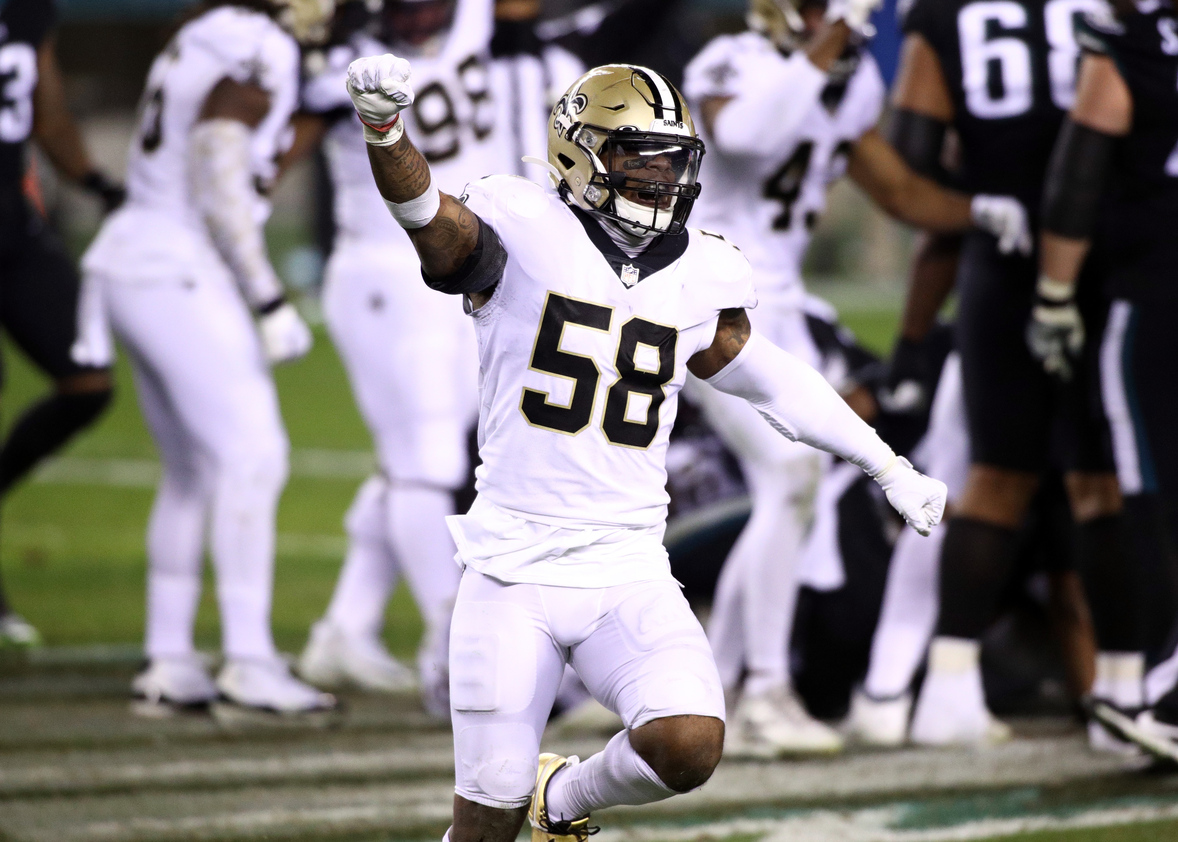 PHILADELPHIA, PA - DECEMBER 13: New Orleans Saints Linebacker Kwon Alexander (58) celebrates a turnover in the second half during the game between the New Orleans Saints and Philadelphia Eagles on December 13, 2020 at Lincoln Financial Field in Philadelphia, PA. (Photo by Kyle Ross/Icon Sportswire via Getty Images)
