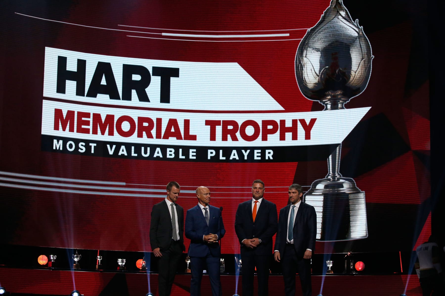 LAS VEGAS, NV - JUNE 20:  (L-R) Henrik Sedin, Mark Messier, Eric Lindros and Alex Ovechkin of the Washington Capitals speak onstage to announce the nominees for the Hart Memorial Trophy during the 2018 NHL Awards presented by Hulu at The Joint inside the Hard Rock Hotel & Casino on June 20, 2018 in Las Vegas, Nevada.  (Photo by Eliot J. Schechter/NHLI via Getty Images)