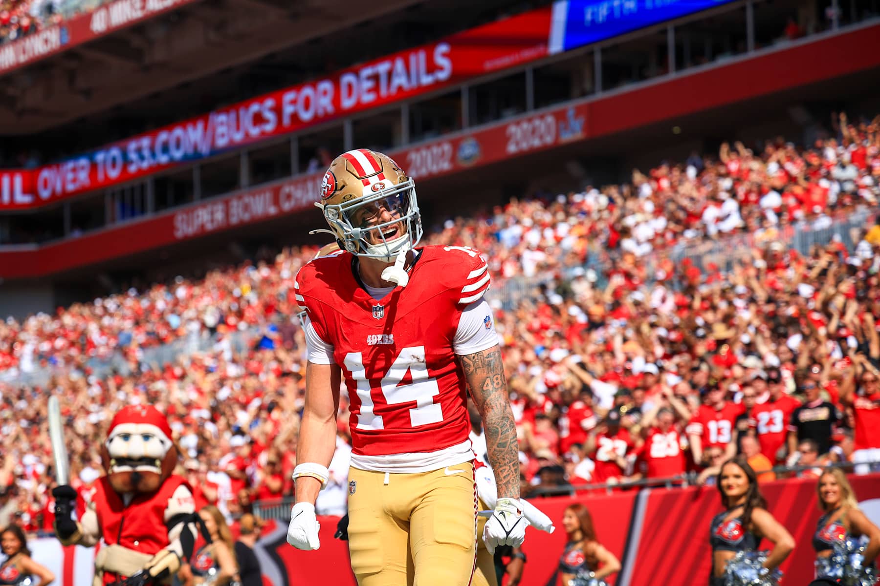 TAMPA, FLORIDA - NOVEMBER 10: Ricky Pearsall #14 of the San Francisco 49ers reacts after scoring a touchdown during the first quarter against the Tampa Bay Buccaneers at Raymond James Stadium on November 10, 2024 in Tampa, Florida. (Photo by Mike Ehrmann/Getty Images)