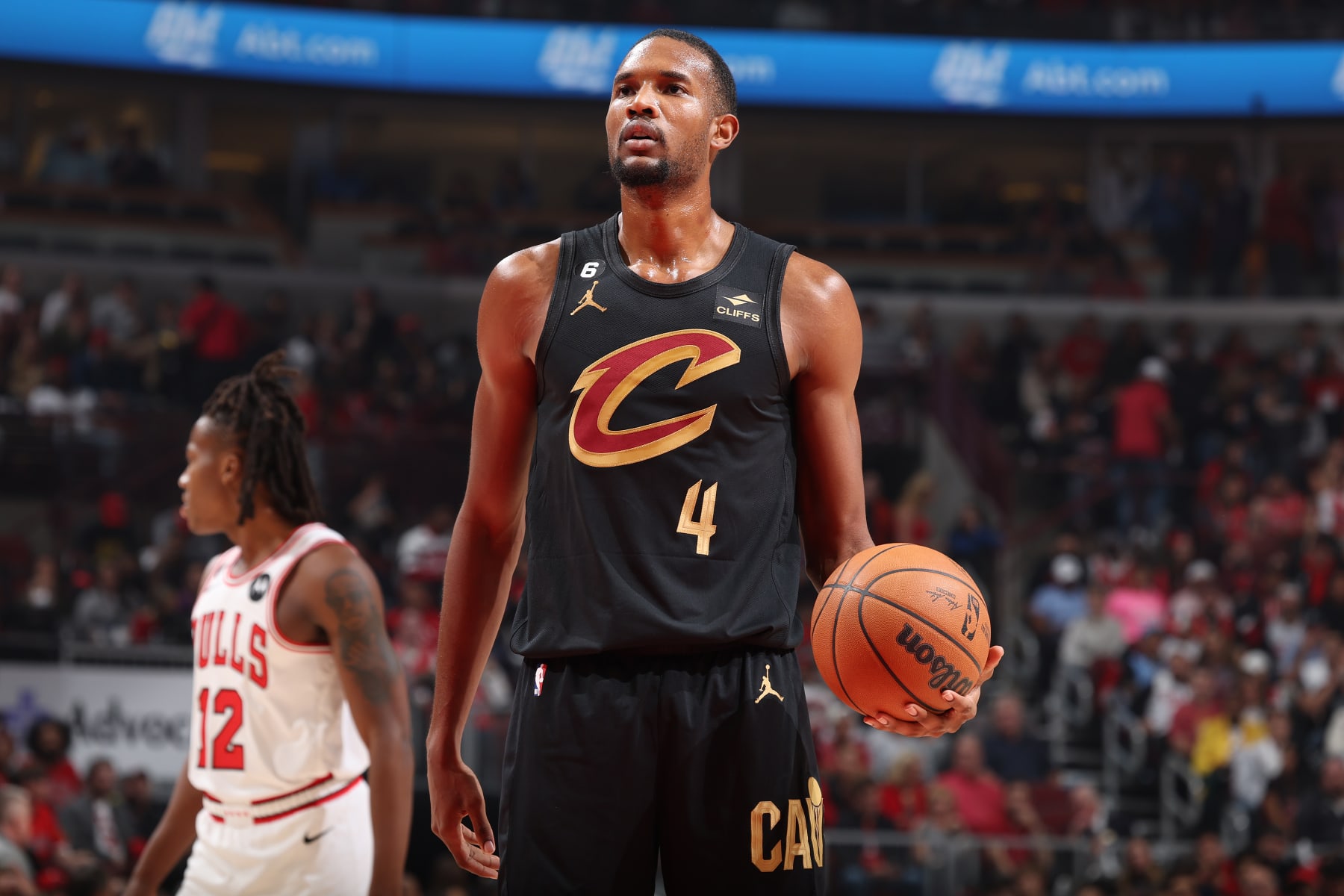 CHICAGO, IL - OCTOBER 22: Evan Mobley #4 of the Cleveland Cavaliers looks on during the game against the Chicago Bulls on October 22, 2022 at United Center in Chicago, Illinois. NOTE TO USER: User expressly acknowledges and agrees that, by downloading and or using this photograph, User is consenting to the terms and conditions of the Getty Images License Agreement. Mandatory Copyright Notice: Copyright 2022 NBAE (Photo by Jeff Haynes/NBAE via Getty Images)