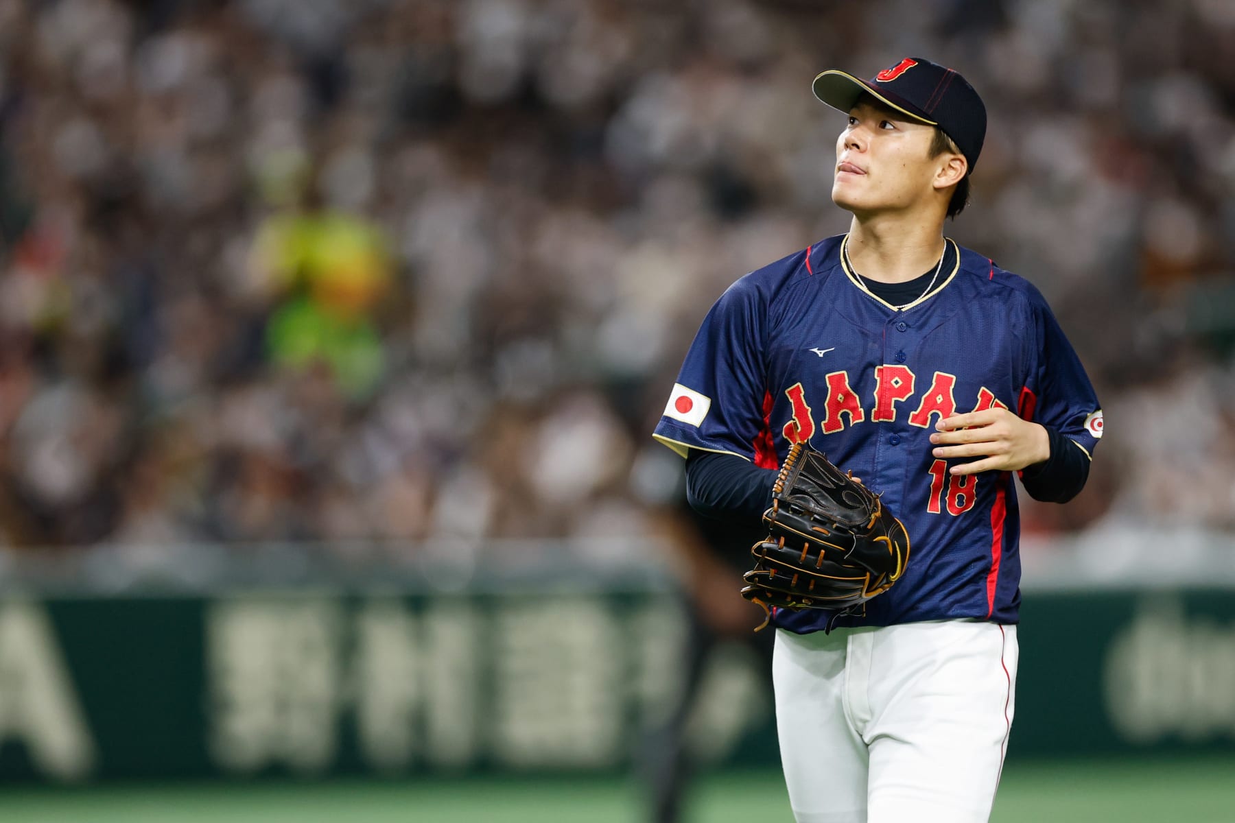 BUNKYO CITY, JAPAN - MARCH 12:   Yoshinobu Yamamoto #18 of Team Japan looks on while pitching during Game 8 of Pool B between Team Japan and Team Australia at Tokyo Dome on Sunday, March 12, 2023 in Bunkyo City, Japan. (Photo by Yuki Taguchi/WBCI/MLB Photos via Getty Images)