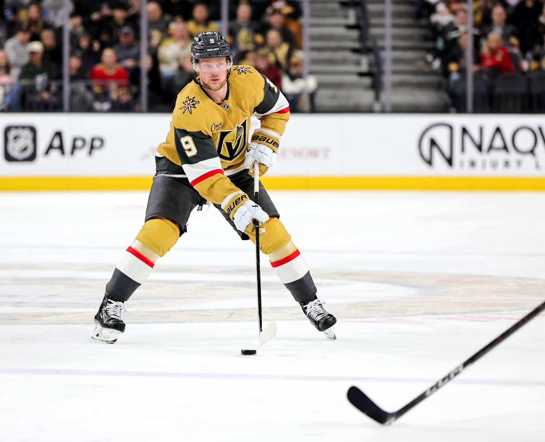 LAS VEGAS, NEVADA - DECEMBER 31: Jack Eichel #9 of the Vegas Golden Knights skates with the puck against the Montreal Canadiens in the second period of their game at T-Mobile Arena on December 31, 2024 in Las Vegas, Nevada. The Canadiens defeated the Golden Knights 3-2. (Photo by Ethan Miller/Getty Images)