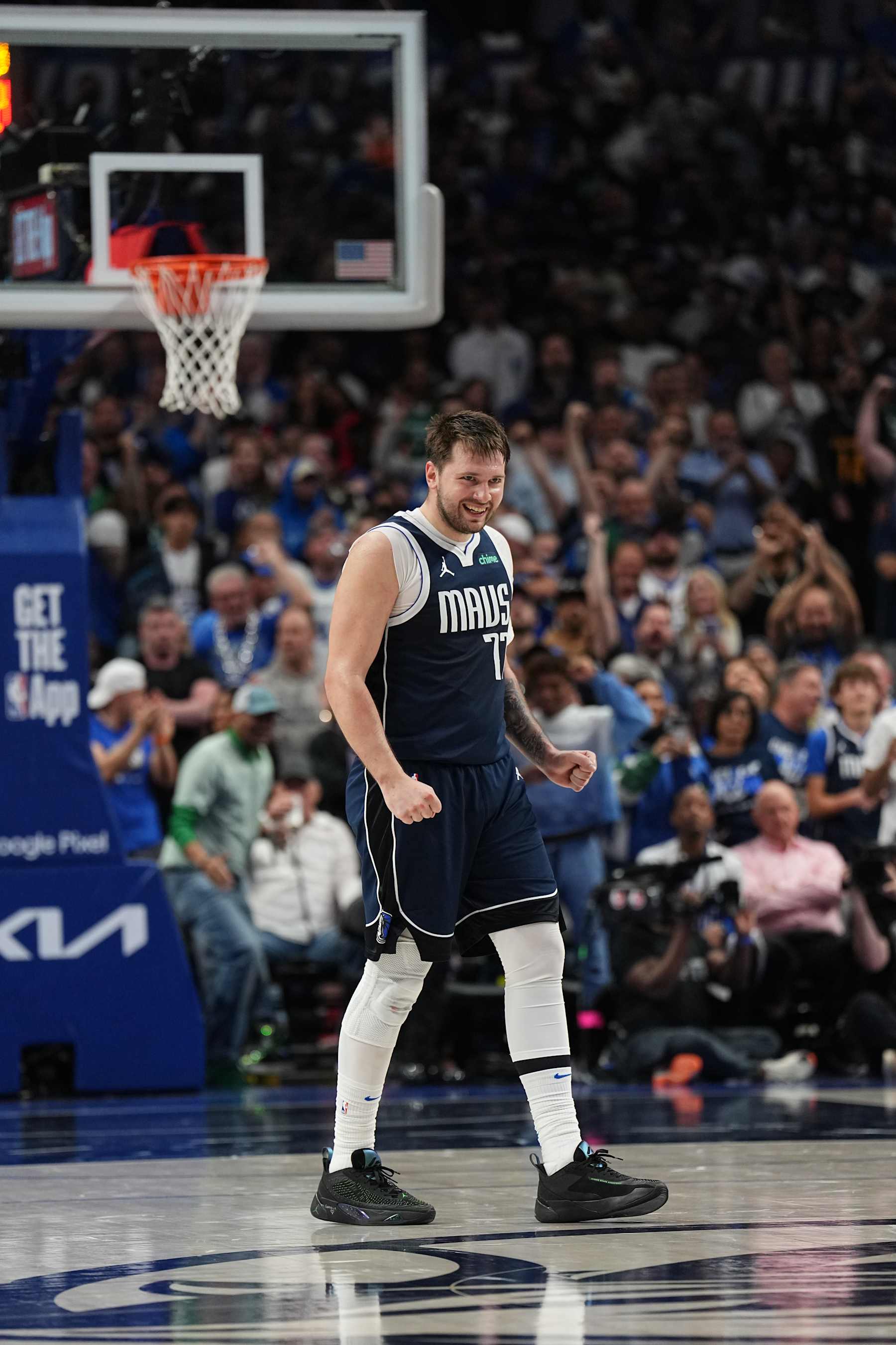 DALLAS, TX - APRIL 28: Luka Doncic #77 of the Dallas Mavericks celebrates during the game against the LA Clippers during Round 1 Game 4 of the 2024NBA Playoffs on April 28, 2024 at the American Airlines Center in Dallas, Texas. NOTE TO USER: User expressly acknowledges and agrees that, by downloading and or using this photograph, User is consenting to the terms and conditions of the Getty Images License Agreement. Mandatory Copyright Notice: Copyright 2024 NBAE (Photo by Glenn James/NBAE via Getty Images)