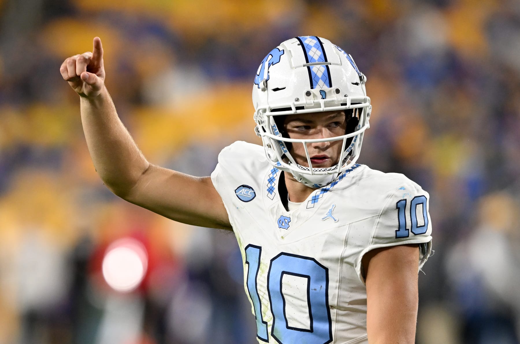 PITTSBURGH, PENNSYLVANIA - SEPTEMBER 23: Drake Maye #10 of the North Carolina Tar Heels celebrates after a North Carolina Tar Heels touchdown in the first quarter against the Pittsburgh Panthers at Acrisure Stadium on September 23, 2023 in Pittsburgh, Pennsylvania. (Photo by G Fiume/Getty Images)