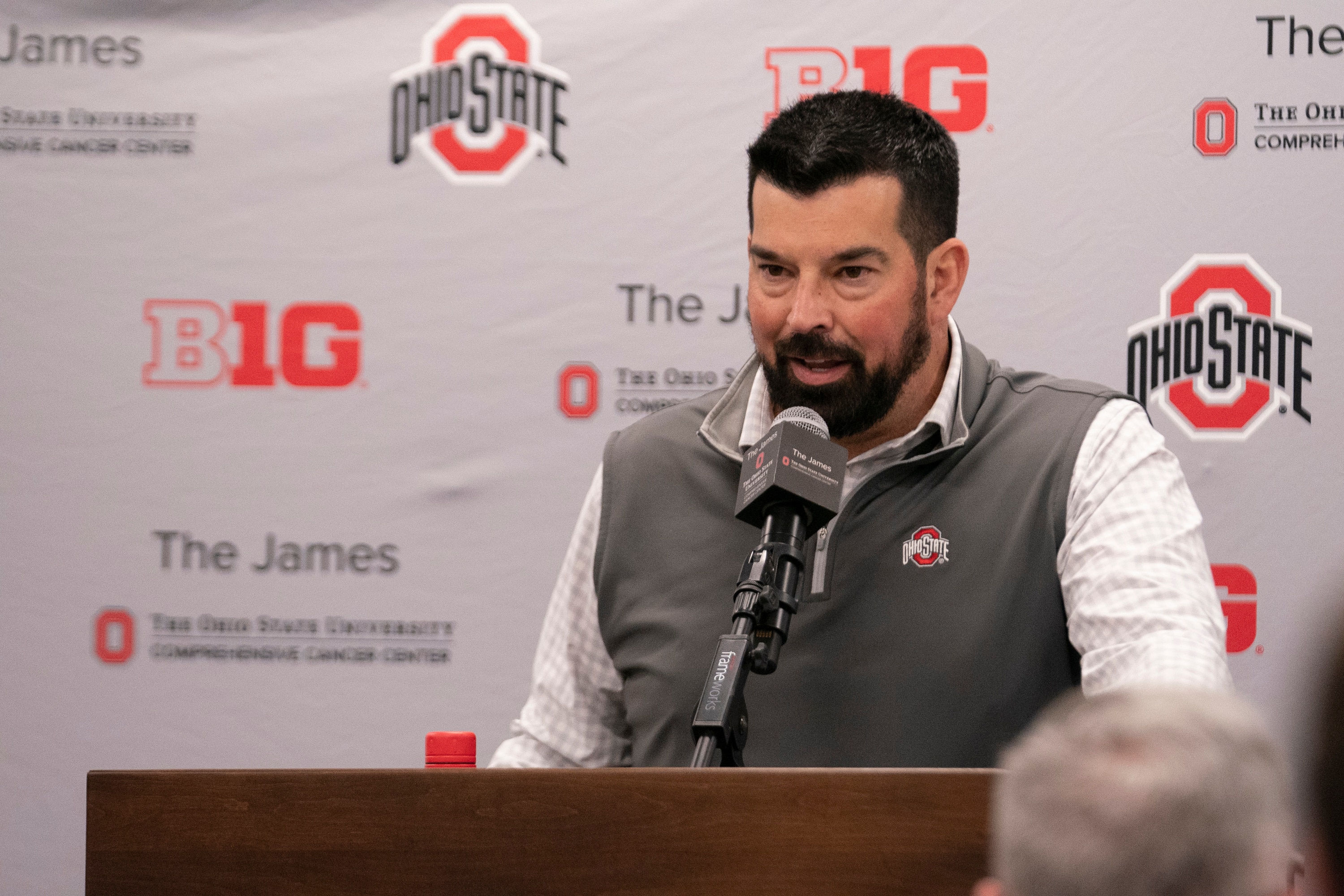COLUMBUS, OH - APRIL 14: Ohio State Buckeyes Head Coach Ryan Day addresses members of the media during a press conference held at the Woody Hayes Athletic Center in Columbus, Ohio on April 14, 2022. (Photo by Jason Mowry/Icon Sportswire via Getty Images)