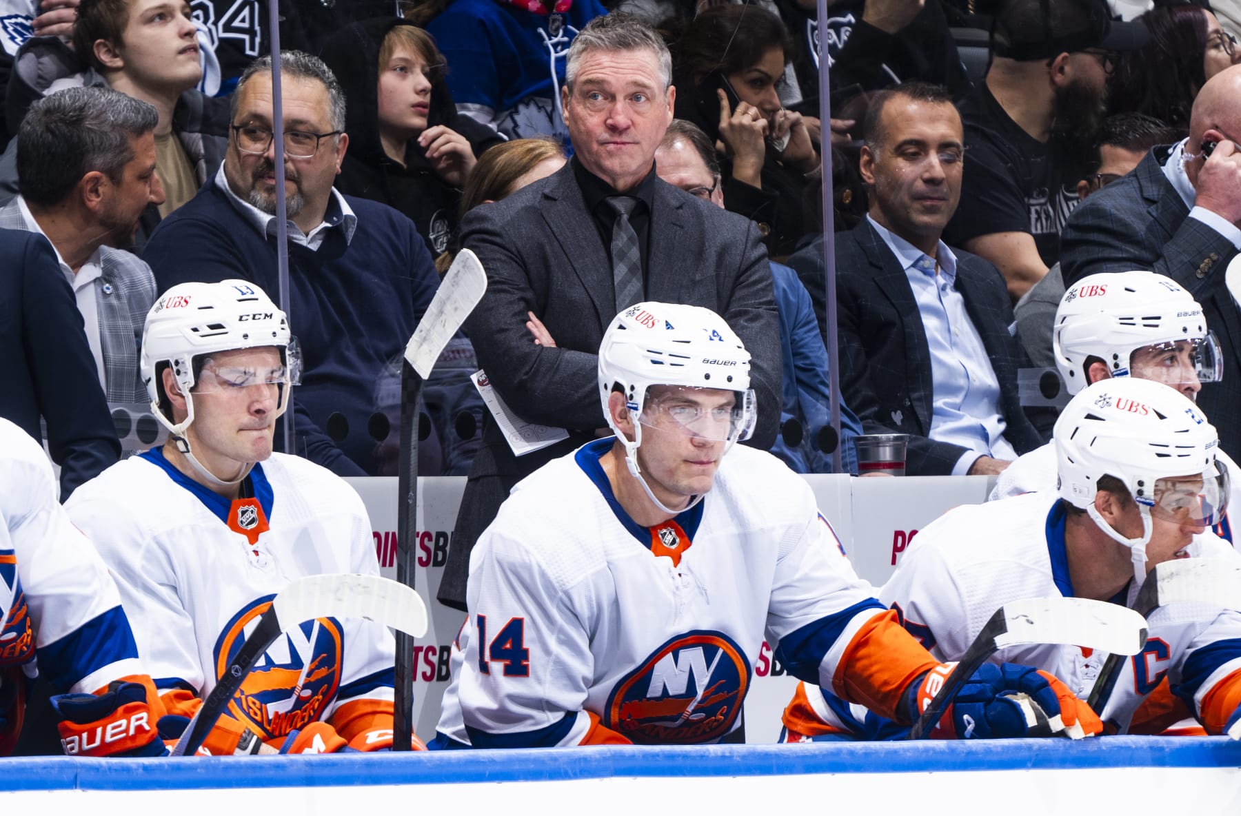 TORONTO, ON - FEBRUARY 5: Patrick Roy head coach of the New York Islanders watches his team play the Toronto Maple Leafs during the first period at Scotiabank Arena on February 5, 2024 in Toronto, Ontario, Canada. (Photo by Mark Blinch/NHLI via Getty Images)