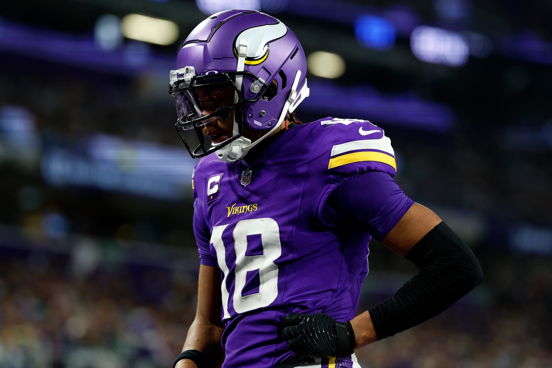 MINNEAPOLIS, MINNESOTA - DECEMBER 31: Justin Jefferson #18 of the Minnesota Vikings reacts against the Green Bay Packers in the second half at U.S. Bank Stadium on December 31, 2023 in Minneapolis, Minnesota. The Packers defeated the Vikings 33-10.  (Photo by David Berding/Getty Images)