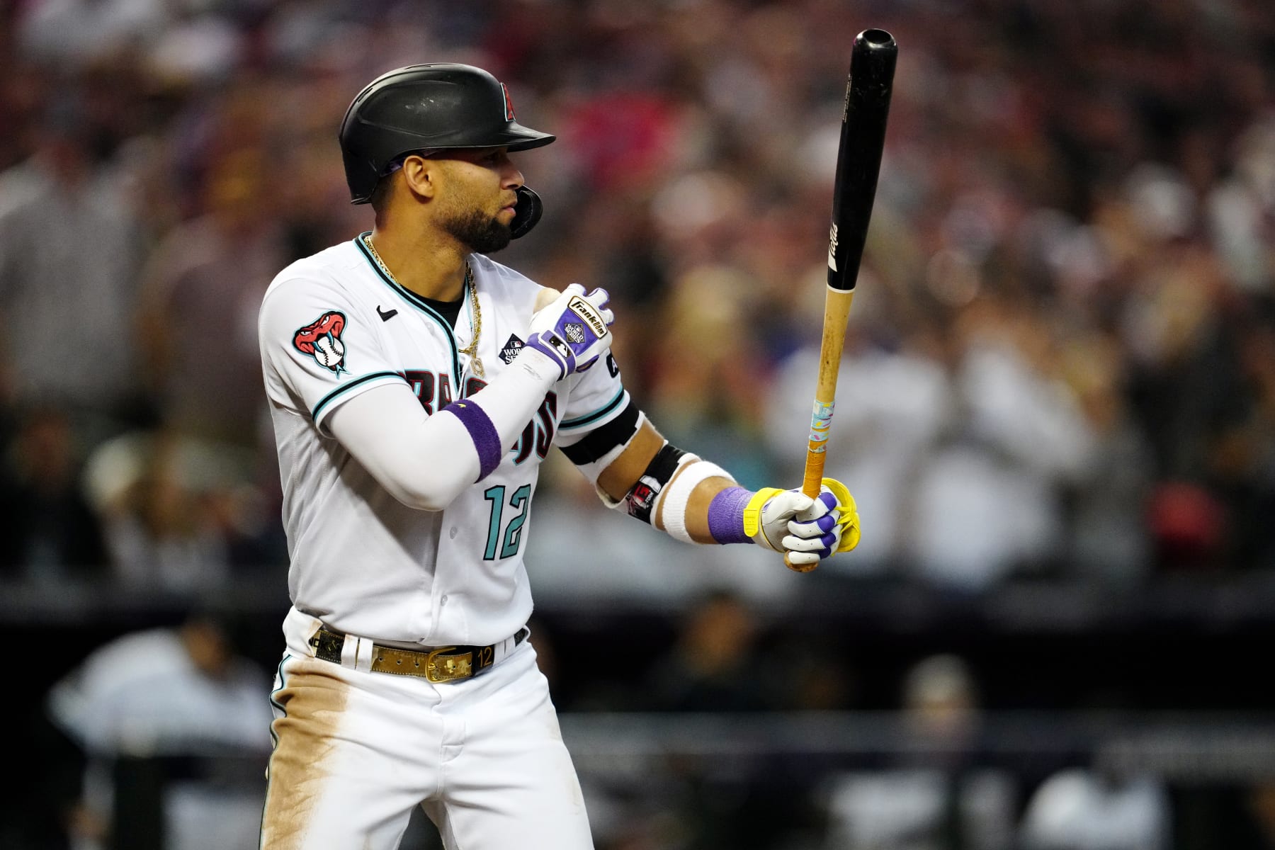 PHOENIX, AZ - NOVEMBER 01:  Lourdes Gurriel Jr. #12 of the Arizona Diamondbacks bats during Game 5 of the 2023 World Series between the Texas Rangers and the Arizona Diamondbacks at Chase Field on Wednesday, November 1, 2023 in Phoenix, Arizona. (Photo by Mary DeCicco/MLB Photos via Getty Images)