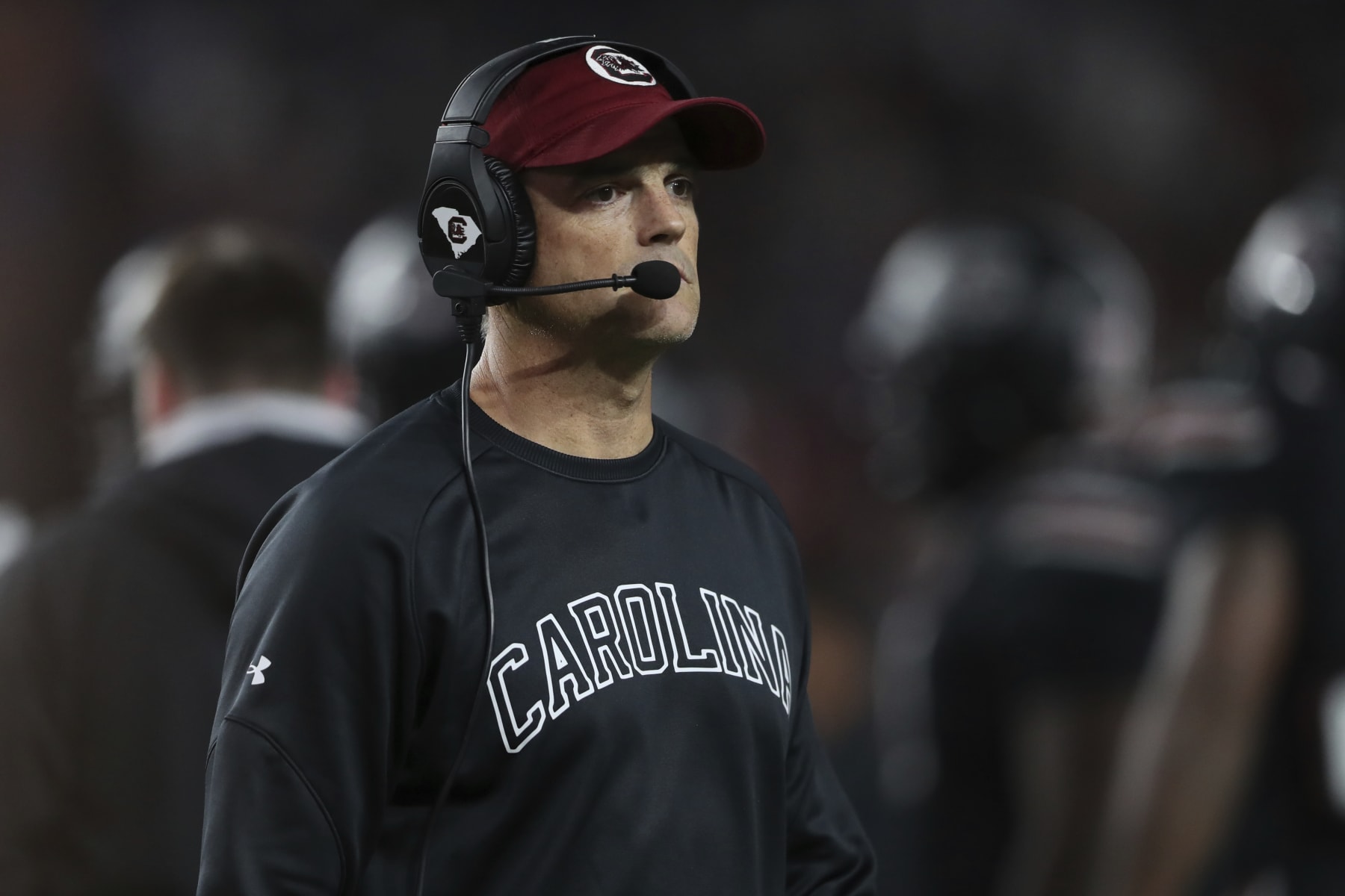 South Carolina coach Shane Beamer heads to the sideline after a timeout during the second half of the team's NCAA college football game against Kentucky on Saturday, Nov. 18, 2023, in Columbia, S.C. (AP Photo/Artie Walker Jr.)