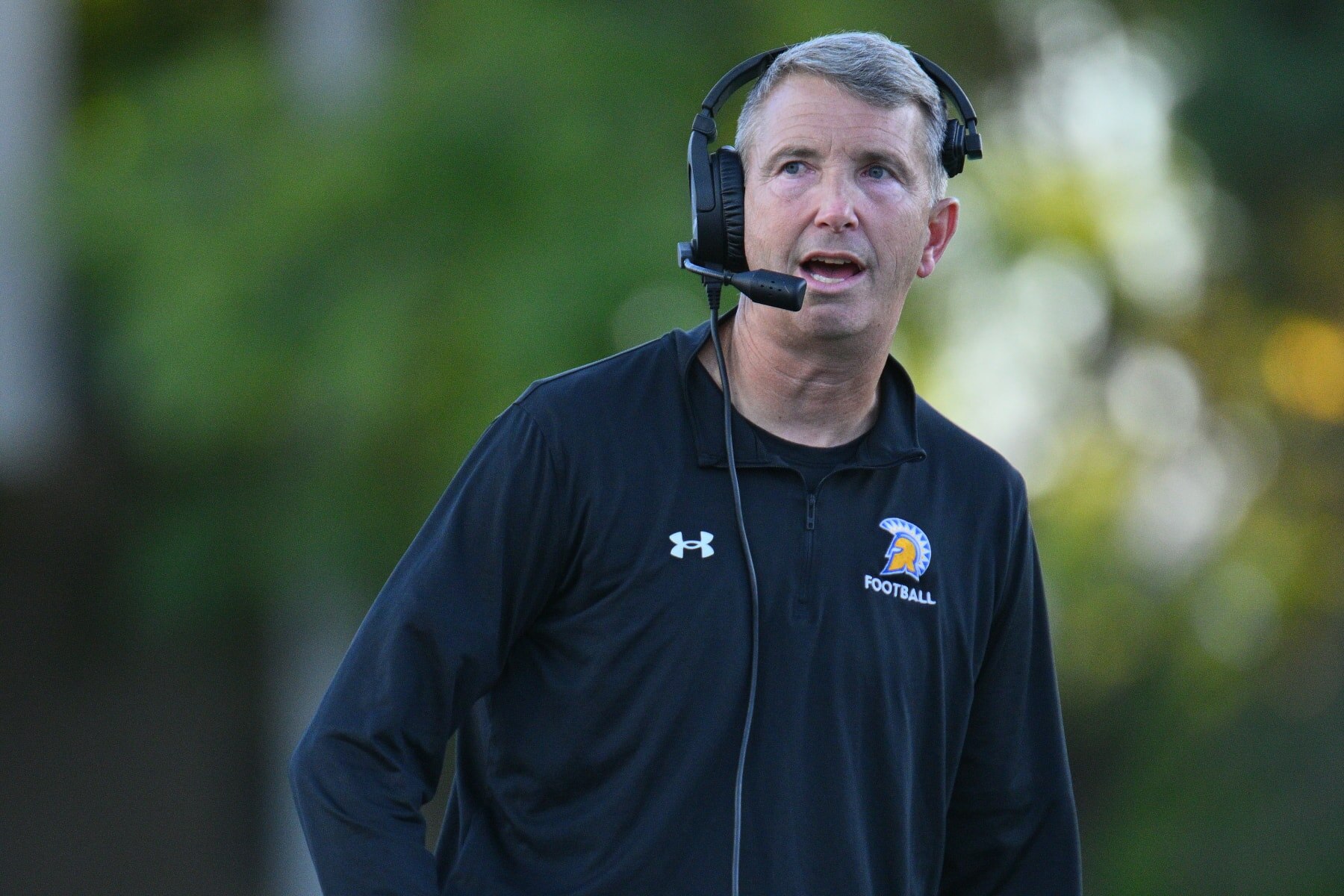 ALBUQUERQUE, NEW MEXICO - OCTOBER 14:  Head coach Brent Brennan of the San Jose State Spartans looks on during the second half of his team's game against the New Mexico Lobos at University Stadium on October 14, 2023 in Albuquerque, New Mexico. The Spartans defeated the Lobos 52-24.  (Photo by Sam Wasson/Getty Images)