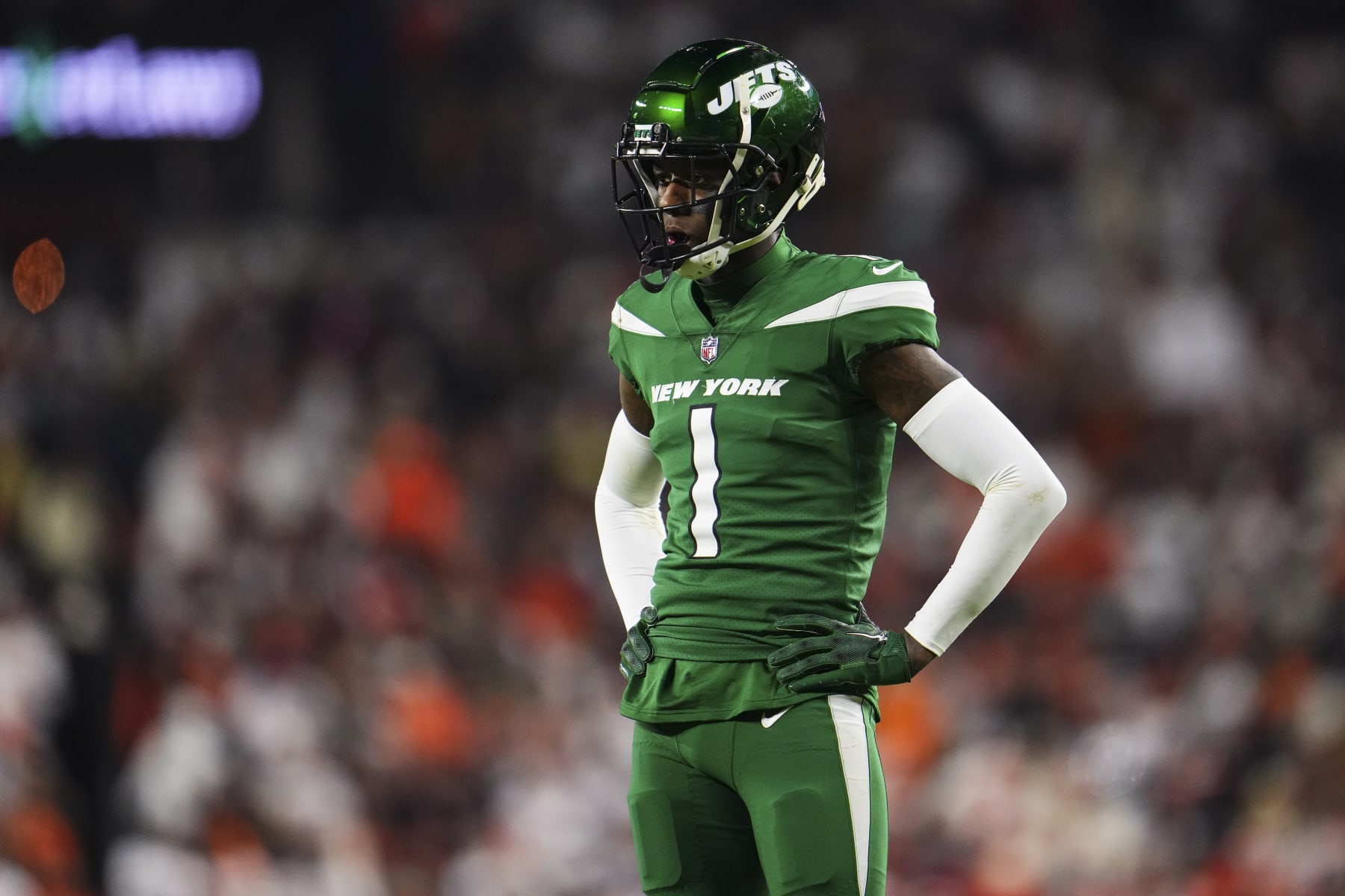 CLEVELAND, OH - DECEMBER 28: Sauce Gardner #1 of the New York Jets looks on from the field during an NFL football game against the Cleveland Browns at Cleveland Browns Stadium on December 28, 2023 in Cleveland, Ohio. (Photo by Cooper Neill/Getty Images)