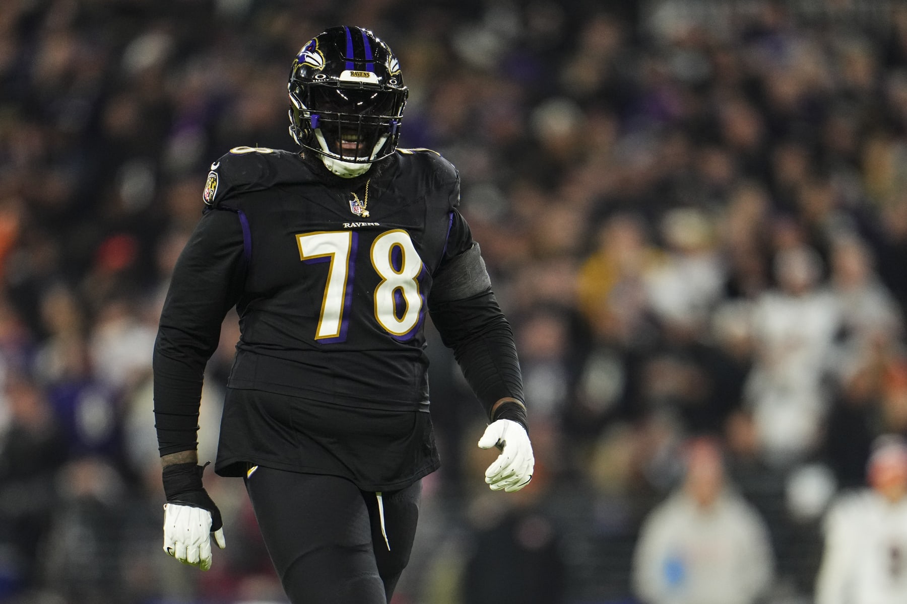 BALTIMORE, MD - NOVEMBER 16: Morgan Moses #78 of the Baltimore Ravens reacts during an NFL football game against the Cincinnati Bengals at M&T Bank Stadium on November 16, 2023 in Baltimore, Maryland. (Photo by Cooper Neill/Getty Images)