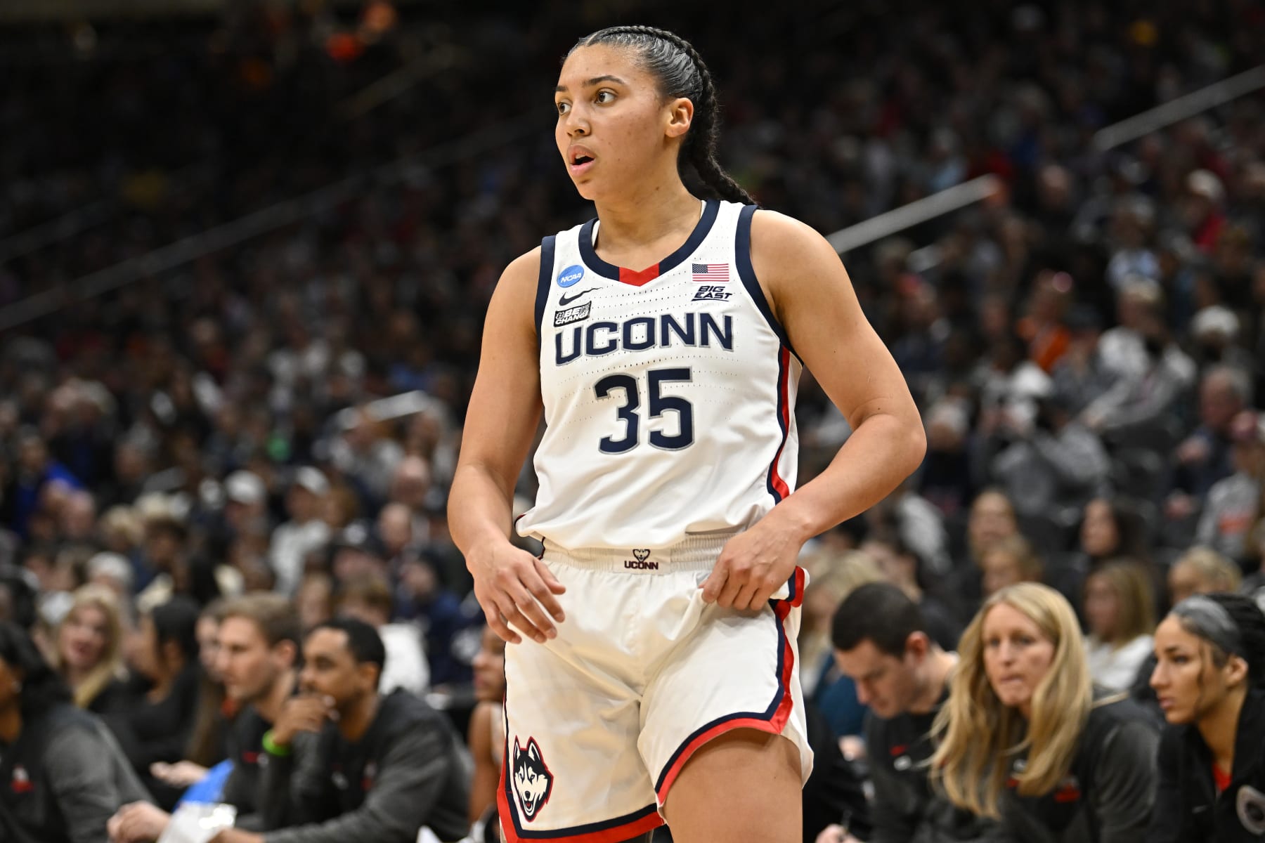 SEATTLE, WASHINGTON - MARCH 25: Azzi Fudd #35 of the UConn Huskies looks on during the second quarter against the Ohio State Buckeyes in the Sweet Sixteen round of the NCAA Women's Basketball Tournament at Climate Pledge Arena on March 25, 2023 in Seattle, Washington. (Photo by Alika Jenner/Getty Images)