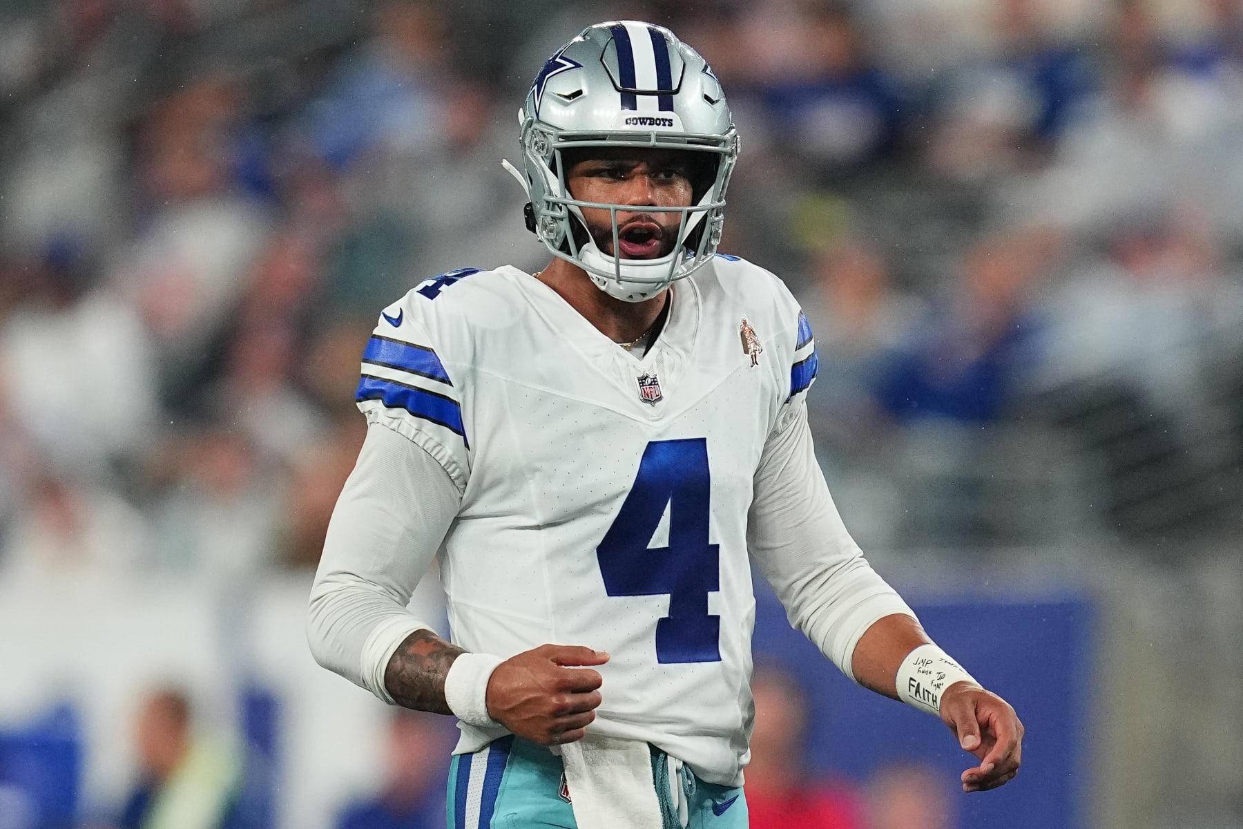 EAST RUTHERFORD, NEW JERSEY - SEPTEMBER 10: Dak Prescott #4 of the Dallas Cowboys looks on against the New York Giants at MetLife Stadium on September 10, 2023 in East Rutherford, New Jersey. (Photo by Mitchell Leff/Getty Images)