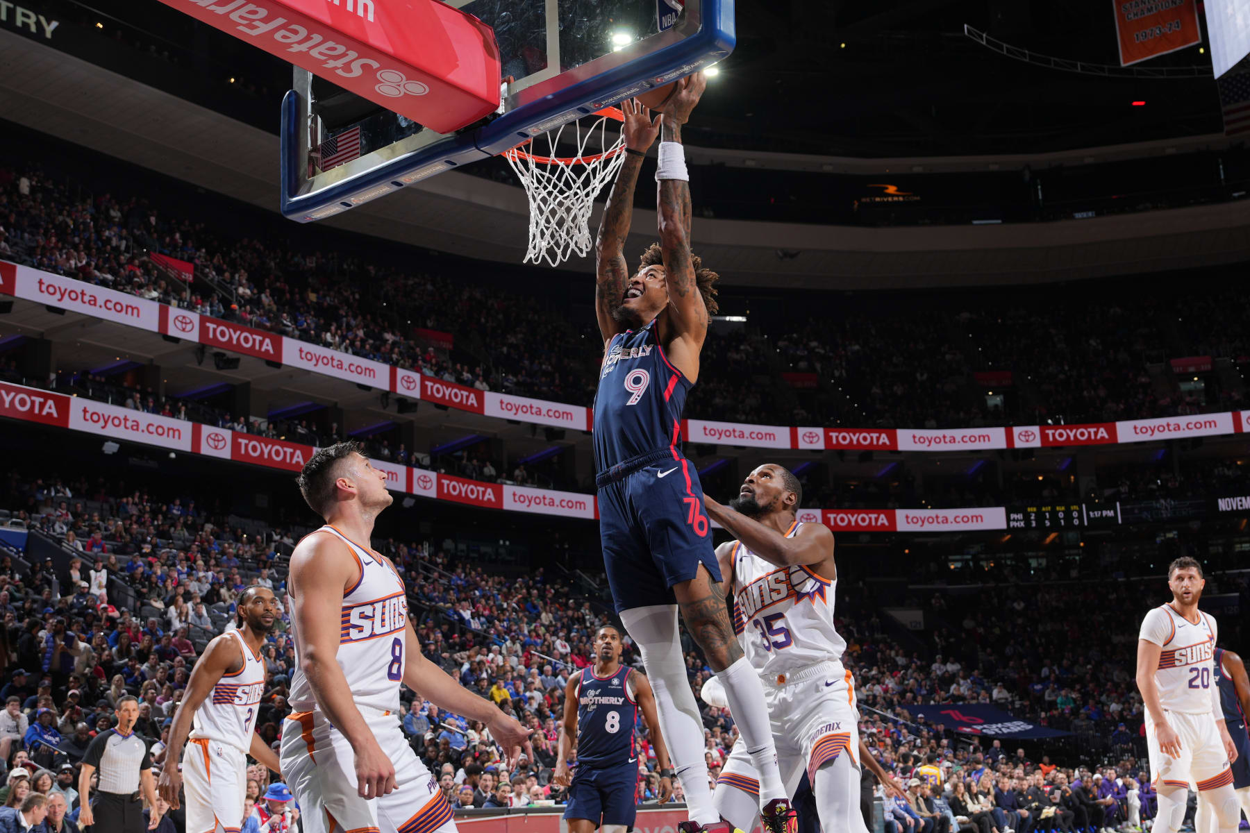 PHILADELPHIA, PA - NOVEMBER 4: Kelly Oubre Jr. #9 of the Philadelphia 76ers drives to the basket during the game against the Phoenix Suns on November 4, 2023 at the Wells Fargo Center in Philadelphia, Pennsylvania NOTE TO USER: User expressly acknowledges and agrees that, by downloading and/or using this Photograph, user is consenting to the terms and conditions of the Getty Images License Agreement. Mandatory Copyright Notice: Copyright 2023 NBAE (Photo by Jesse D. Garrabrant/NBAE via Getty Images)