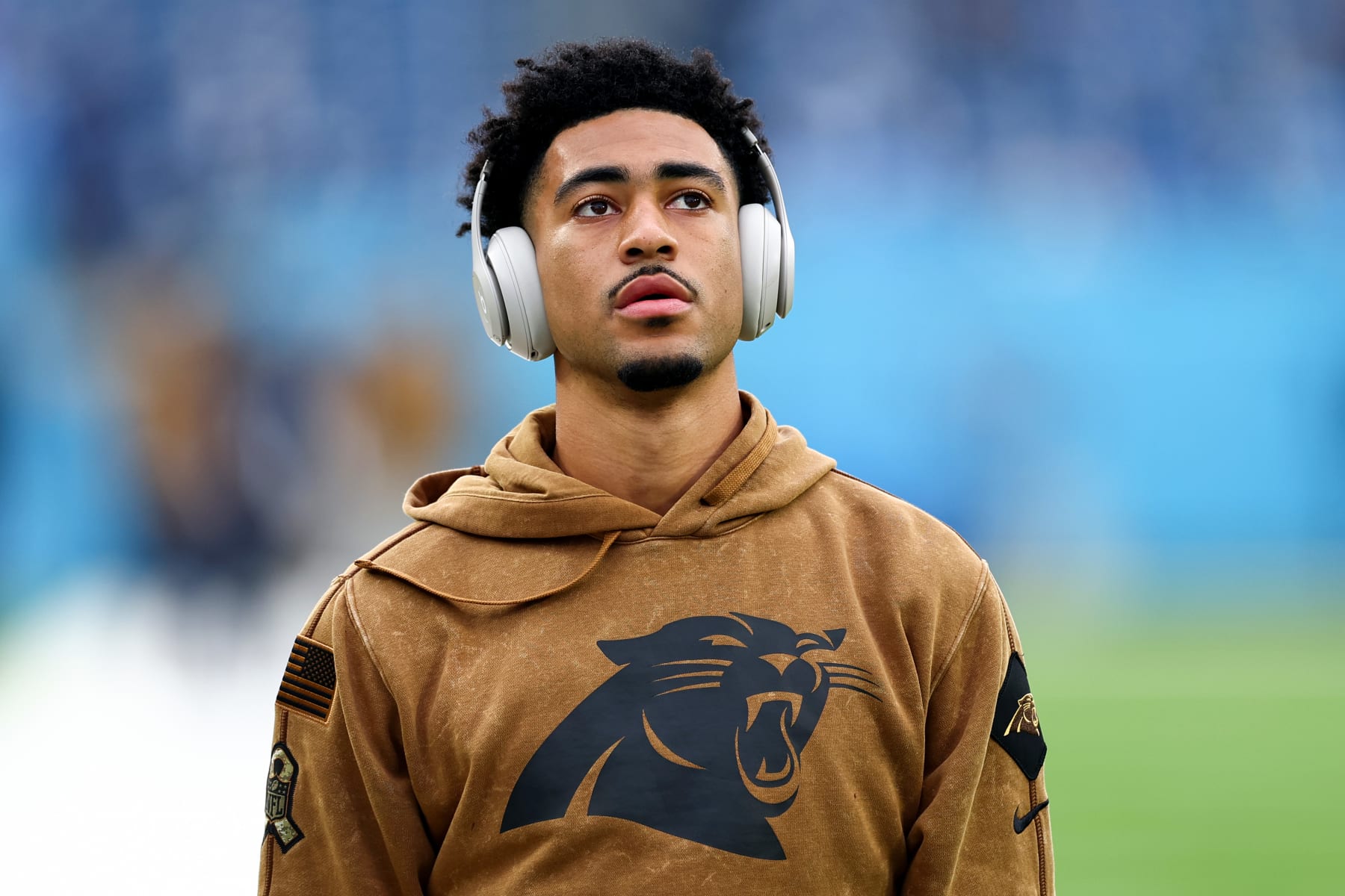 NASHVILLE, TENNESSEE - NOVEMBER 26: Bryce Young #9 of the Carolina Panthers looks on prior to a game against the Tennessee Titans at Nissan Stadium on November 26, 2023 in Nashville, Tennessee. (Photo by Silas Walker/Getty Images)