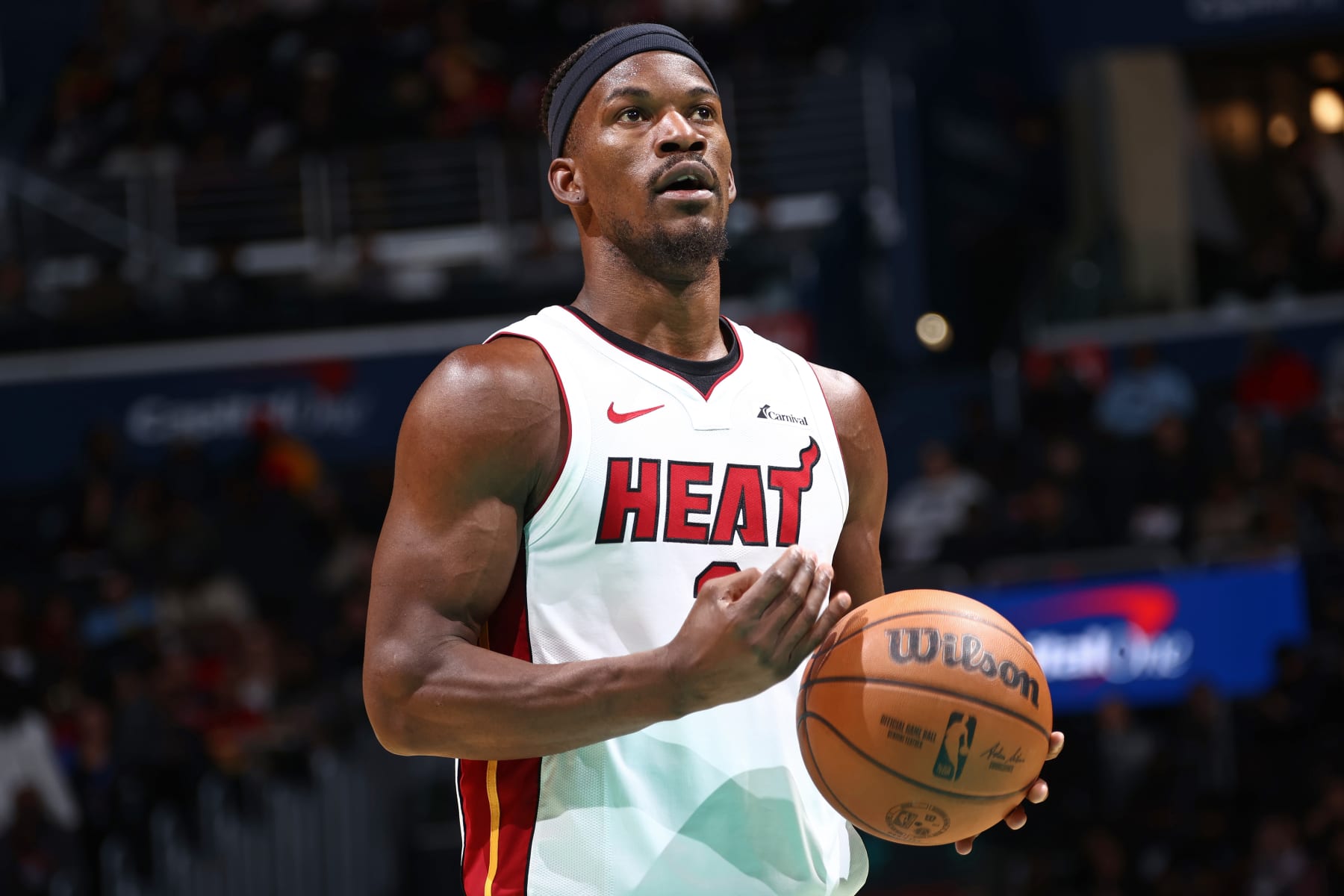 WASHINGTON, DC - FEBRUARY 2: Jimmy Butler #22 of the Miami Heat prepares to shoot a free throw against the Washington Wizards on February 2, 2024 at Capital One Arena in Washington, DC. NOTE TO USER: User expressly acknowledges and agrees that, by downloading and or using this Photograph, user is consenting to the terms and conditions of the Getty Images License Agreement. Mandatory Copyright Notice: Copyright 2024 NBAE (Photo by Kenny Giarla/NBAE via Getty Images) WASHINGTON, DC - FEBRUARY 2: Jimmy Butler #22 of the Miami Heat prepares to shoot a free throw against the Washington Wizards on February 2, 2024 at Capital One Arena in Washington, DC. NOTE TO USER: User expressly acknowledges and agrees that, by downloading and or using this Photograph, user is consenting to the terms and conditions of the Getty Images License Agreement. Mandatory Copyright Notice: Copyright 2024 NBAE (Photo by Kenny Giarla/NBAE via Getty Images)