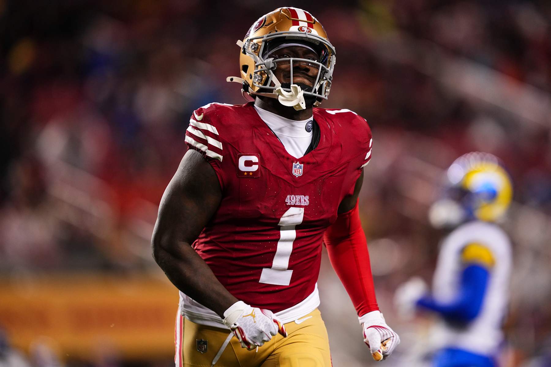 SANTA CLARA, CA - DECEMBER 12: Deebo Samuel Sr. #1 of the San Francisco 49ers reacts during an NFL football game against the Los Angeles Rams at Levi's Stadium on December 12, 2024 in Santa Clara, California. (Photo by Cooper Neill/Getty Images)