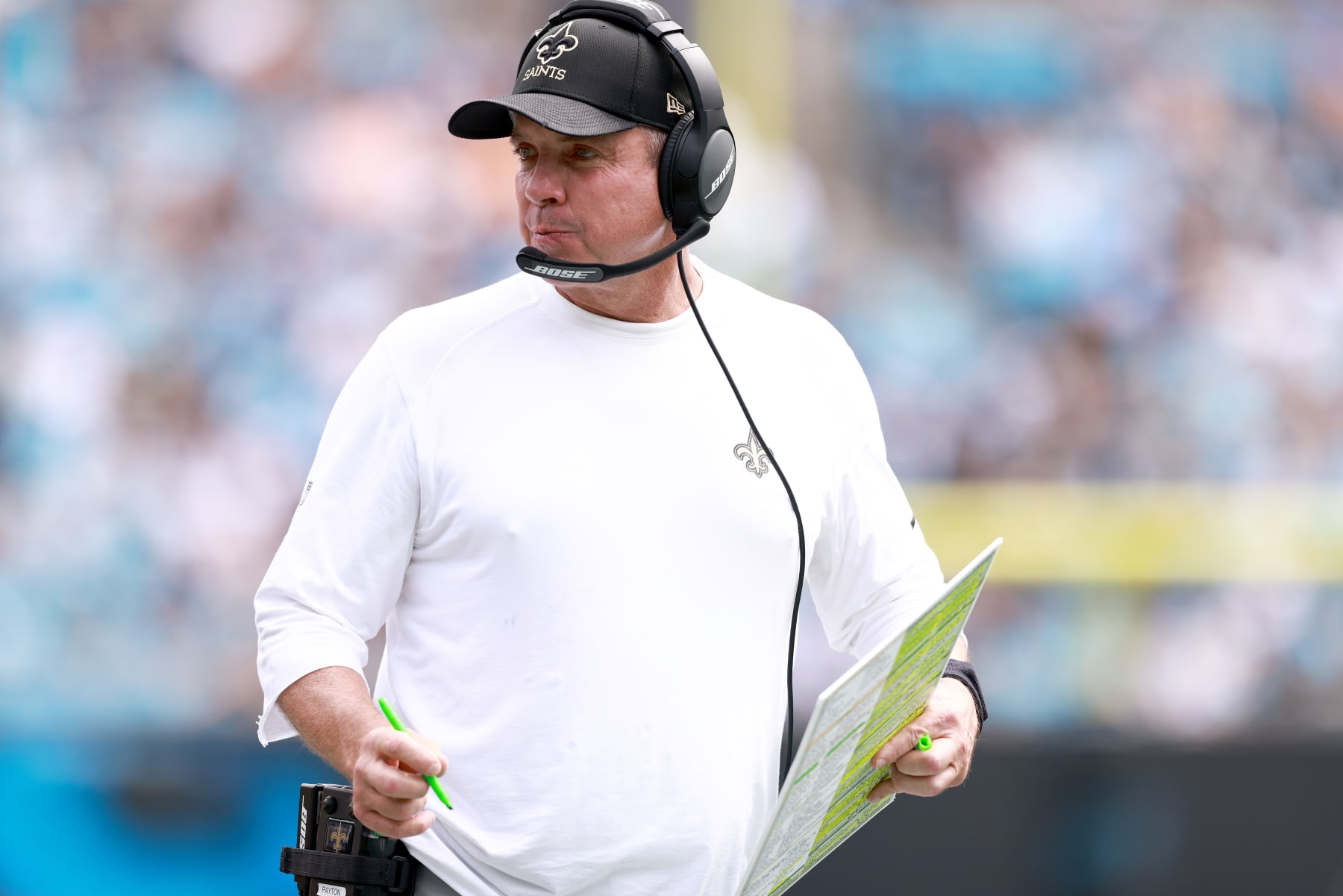 CHARLOTTE, NORTH CAROLINA - SEPTEMBER 19: Head coach Sean Payton of the New Orleans Saints watches his team during their game against the Carolina Panthers at Bank of America Stadium on September 19, 2021 in Charlotte, North Carolina. (Photo by Grant Halverson/Getty Images)