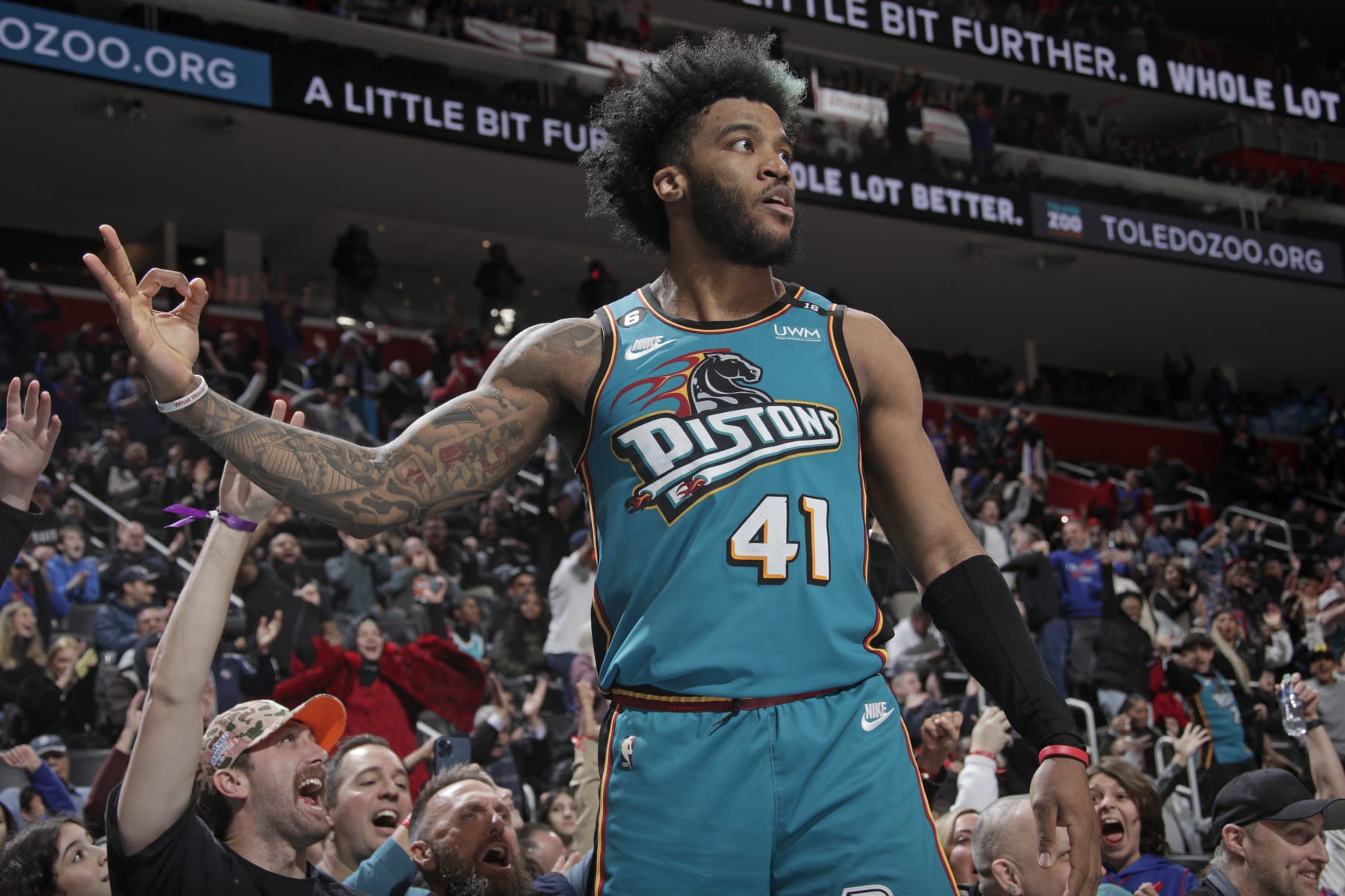 DETROIT, MI - FEBRUARY 3: Saddiq Bey #41 of the Detroit Pistons celebrates during the game against the Charlotte Hornets on February 3, 2023 at Little Caesars Arena in Detroit, Michigan. NOTE TO USER: User expressly acknowledges and agrees that, by downloading and/or using this photograph, User is consenting to the terms and conditions of the Getty Images License Agreement. Mandatory Copyright Notice: Copyright 2023 NBAE (Photo by Brian Sevald/NBAE via Getty Images)
