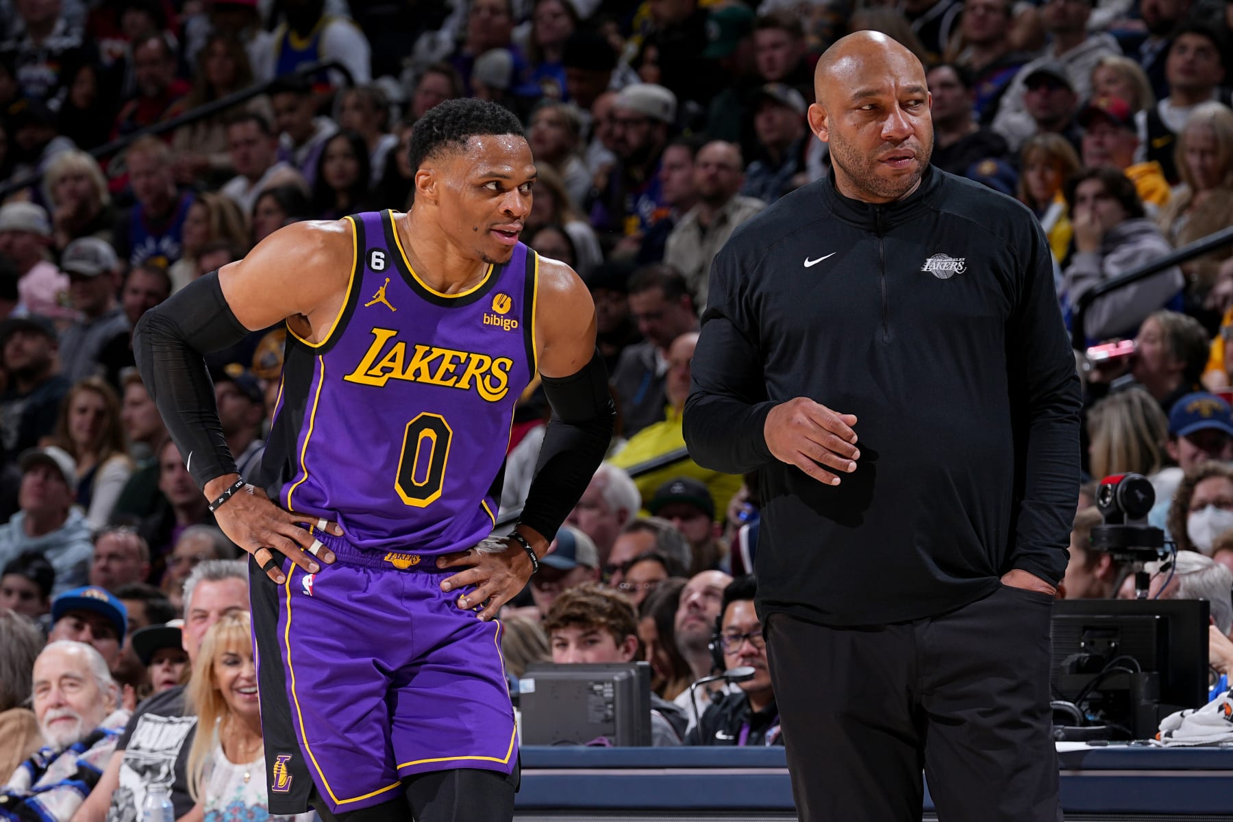 DENVER, CO - JANUARY 9: Russell Westbrook #0 of the Los Angeles Lakers talks with Head Coach Darvin Ham of the Los Angeles Lakers during the game against the Denver Nuggets on January 9, 2023 at the Ball Arena in Denver, Colorado. NOTE TO USER: User expressly acknowledges and agrees that, by downloading and/or using this Photograph, user is consenting to the terms and conditions of the Getty Images License Agreement. Mandatory Copyright Notice: Copyright 2023 NBAE (Photo by Bart Young/NBAE via Getty Images)