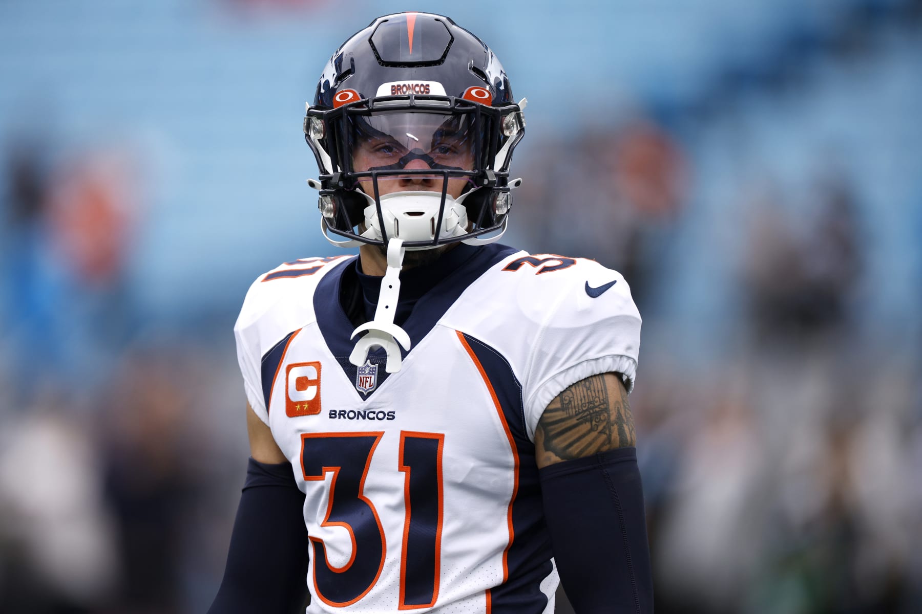 CHARLOTTE, NORTH CAROLINA - NOVEMBER 27: Justin Simmons #31 of the Denver Broncos looks on prior to the game against the Carolina Panthers at Bank of America Stadium on November 27, 2022 in Charlotte, North Carolina. (Photo by Jared C. Tilton/Getty Images)