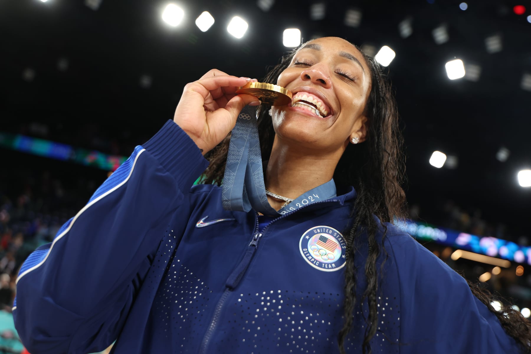 PARIS, FRANCE - AUGUST 11: Gold medalist A'Ja Wilson #9 of Team United States poses for a photo during the Women's basketball medal ceremony on day sixteen of the Olympic Games Paris 2024 at Bercy Arena on August 11, 2024 in Paris, France. (Photo by Gregory Shamus/Getty Images)