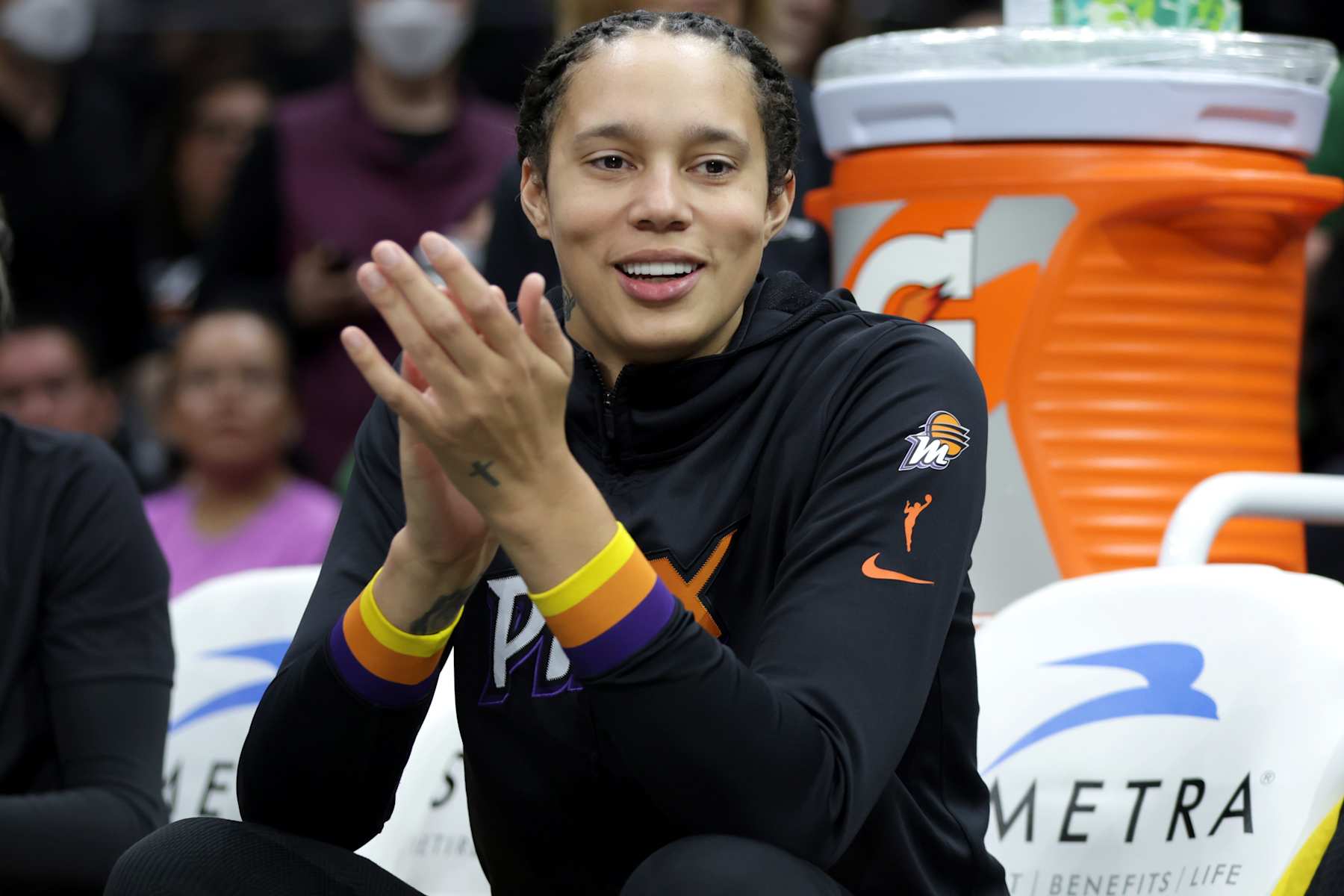 SEATTLE, WASHINGTON - SEPTEMBER 07: Brittney Griner #42 of the Phoenix Mercury looks on before a game against the Seattle Storm at Climate Pledge Arena on September 07, 2024 in Seattle, Washington. NOTE TO USER: User expressly acknowledges and agrees that, by downloading and or using this photograph, User is consenting to the terms and conditions of the Getty Images License Agreement. (Photo by Rio Giancarlo/Getty Images)