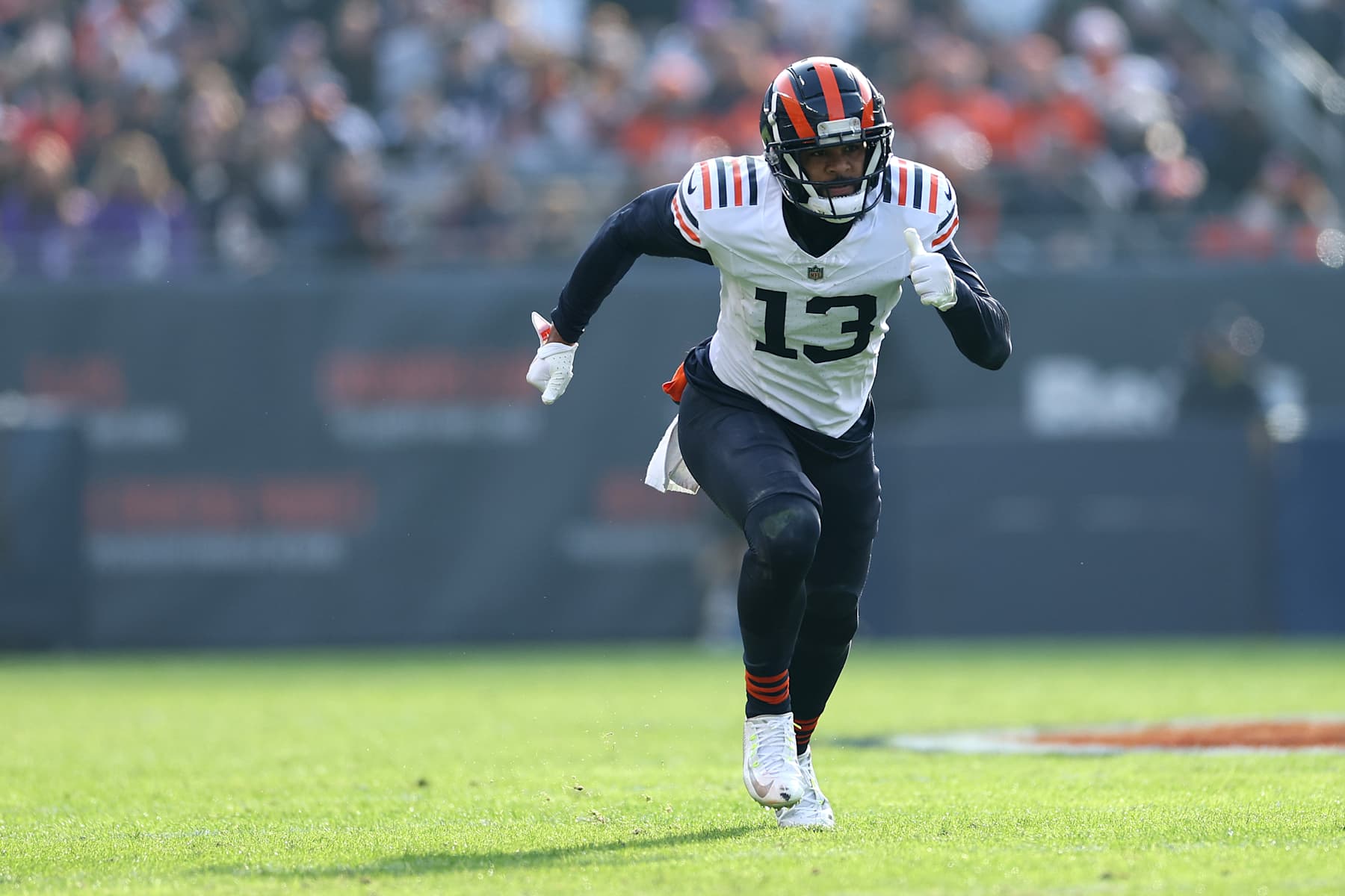 CHICAGO, ILLINOIS - NOVEMBER 24: Keenan Allen #13 of the Chicago Bears in action against the Minnesota Vikings at Soldier Field on November 24, 2024 in Chicago, Illinois. (Photo by Luke Hales/Getty Images)