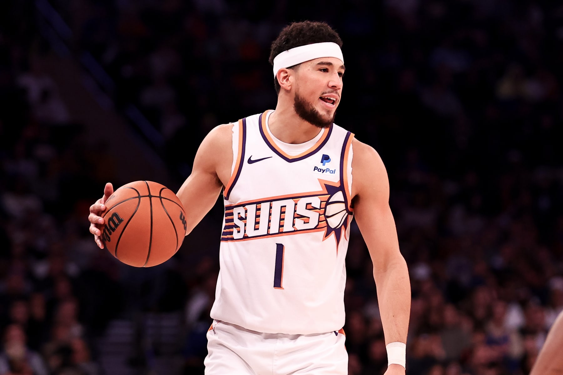 NEW YORK, NY - NOVEMBER 26:  Devin Booker #1 of the Phoenix Suns during the game against the New York Knicks at Madison Square Garden on November 26, 2023 in New York City.  NOTE TO USER: User expressly acknowledges and agrees that, by downloading and or using this photograph, User is consenting to the terms and conditions of the Getty Images License Agreement. (Photo by Rich Graessle/Getty Images)
