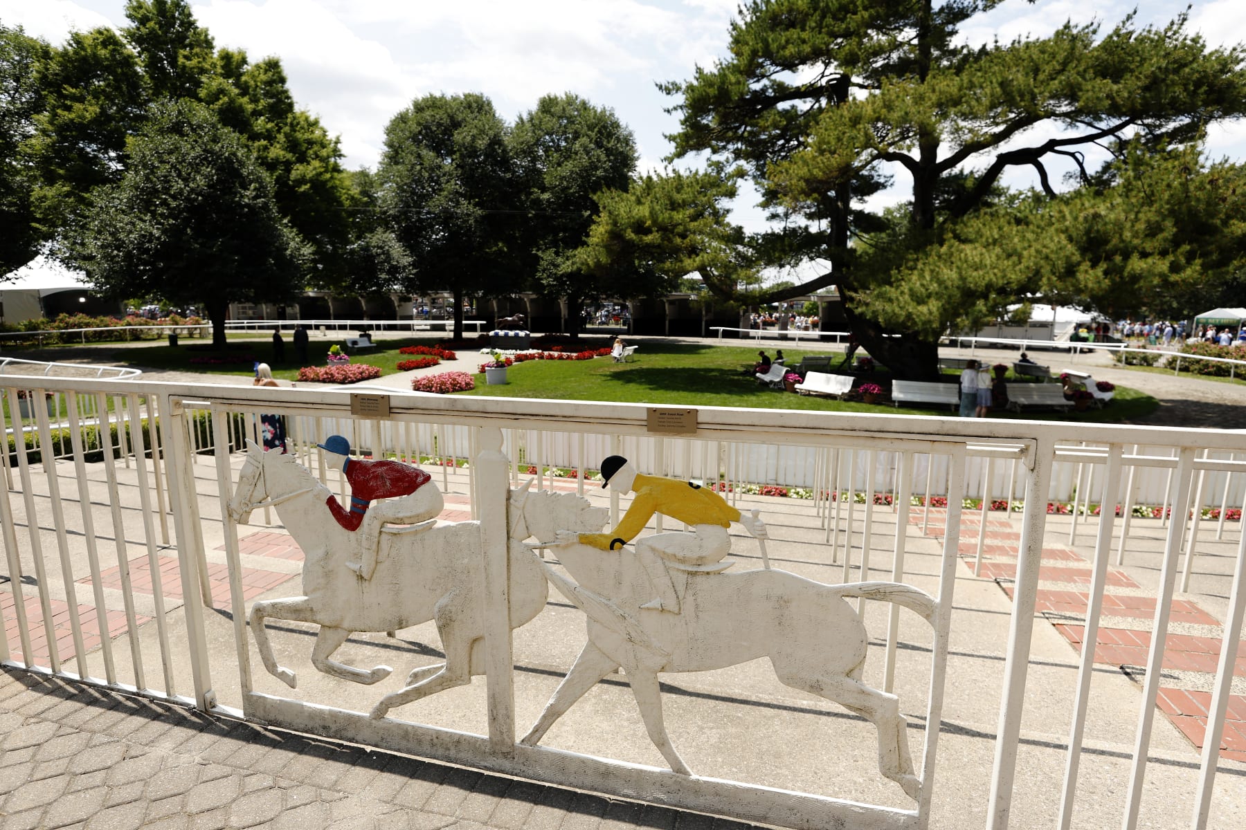 ELMONT, NEW YORK - JUNE 10: Detail of wrought iron railings outside of the Paddock which commemorate triple crown winners at Belmont Park on June 10, 2023 in Elmont, New York. (Photo by Sarah Stier/Getty Images)