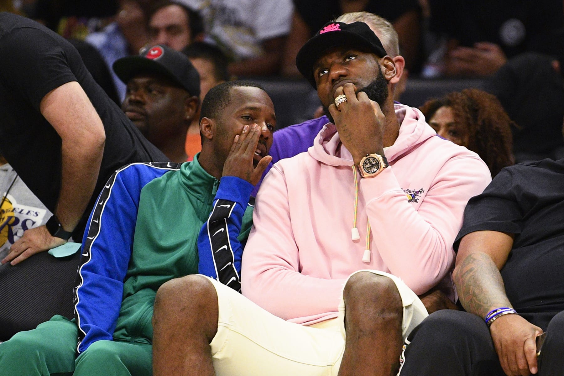 LOS ANGELES, CA - SEPTEMBER 01: Los Angeles Lakers Lebron James and his agent Rich Paul look on during the BIG3 championship game between the Triplets and the Killer 3's on September 1, 2019 at the Staples Center in Los Angeles, CA.  (Photo by Brian Rothmuller/Icon Sportswire via Getty Images)