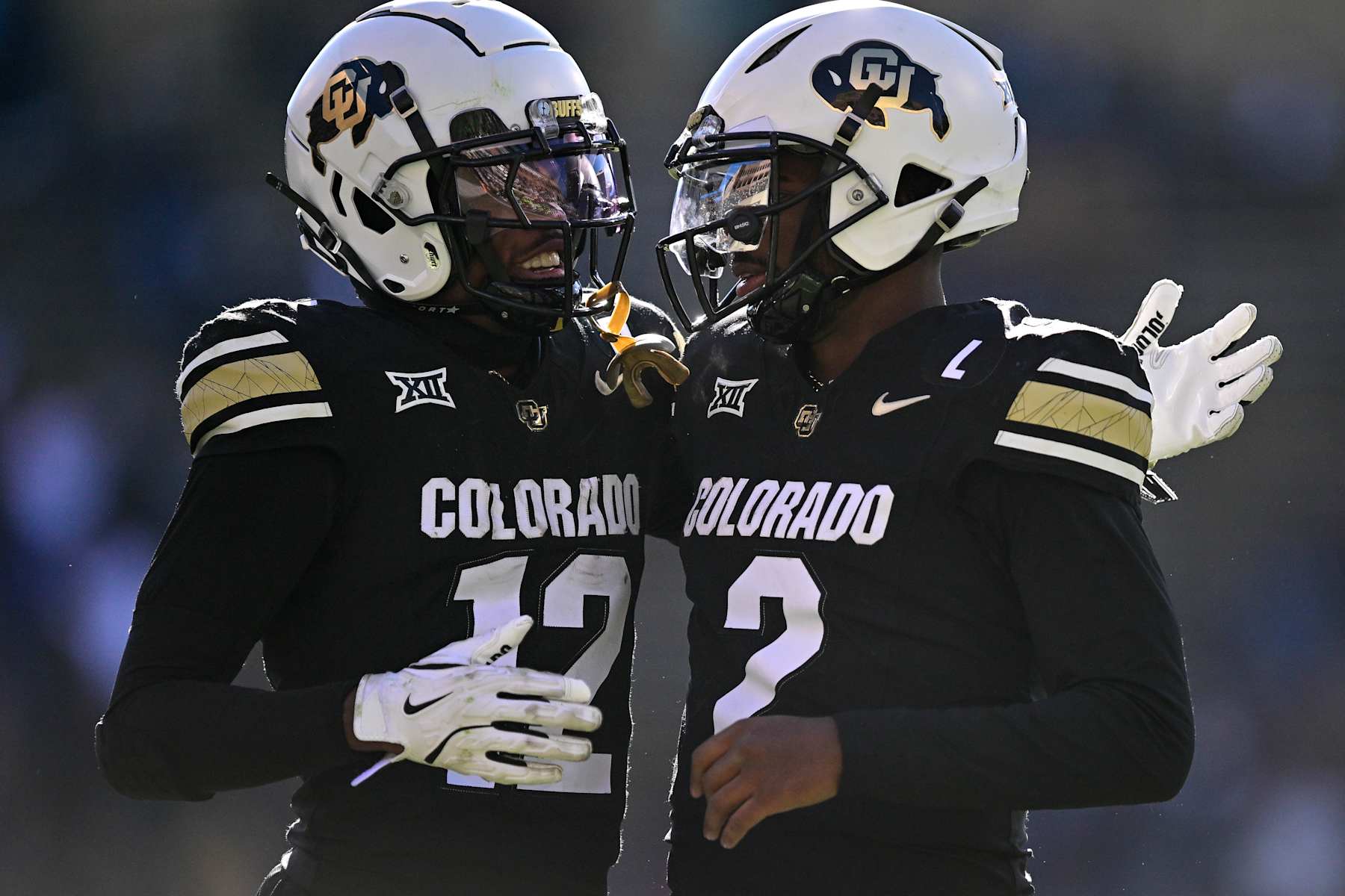 Shedeur Sanders #2 and Travis Hunter #12 of the Colorado Buffaloes