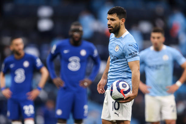 MANCHESTER, ENGLAND - MAY 08: Sergio Aguero of Manchester City prepares to take a penalty which his misses with a panenka attempt during the Premier League match between Manchester City and Chelsea at Etihad Stadium on May 8, 2021 in Manchester, United Kingdom. Sporting stadiums around the UK remain under strict restrictions due to the Coronavirus Pandemic as Government social distancing laws prohibit fans inside venues resulting in games being played behind closed doors. (Photo by Matthew Ashton - AMA/Getty Images)