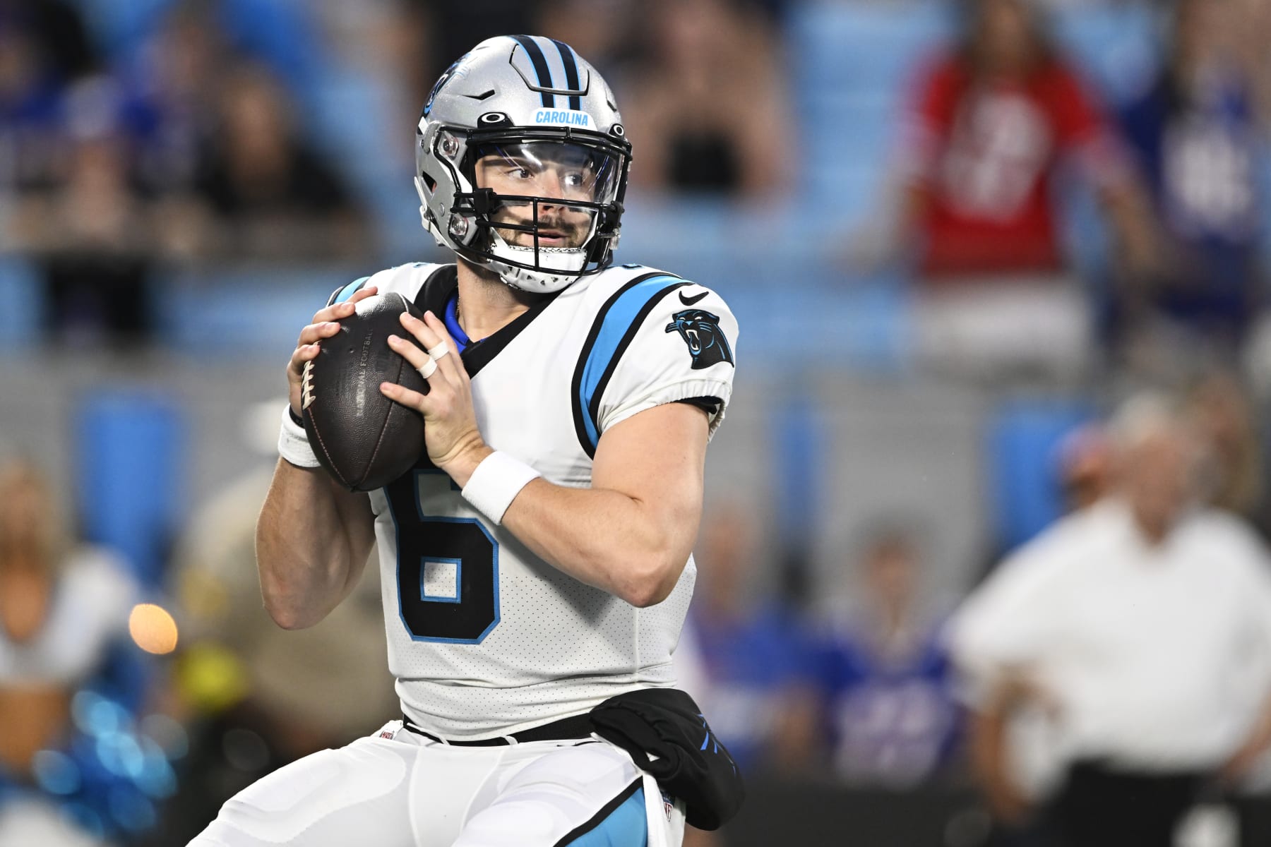CHARLOTTE, NORTH CAROLINA - AUGUST 26: Baker Mayfield #6 of the Carolina Panthers throws a pass in the first quarter against the Buffalo Bills during a preseason game at Bank of America Stadium on August 26, 2022 in Charlotte, North Carolina. (Photo by Eakin Howard/Getty Images)