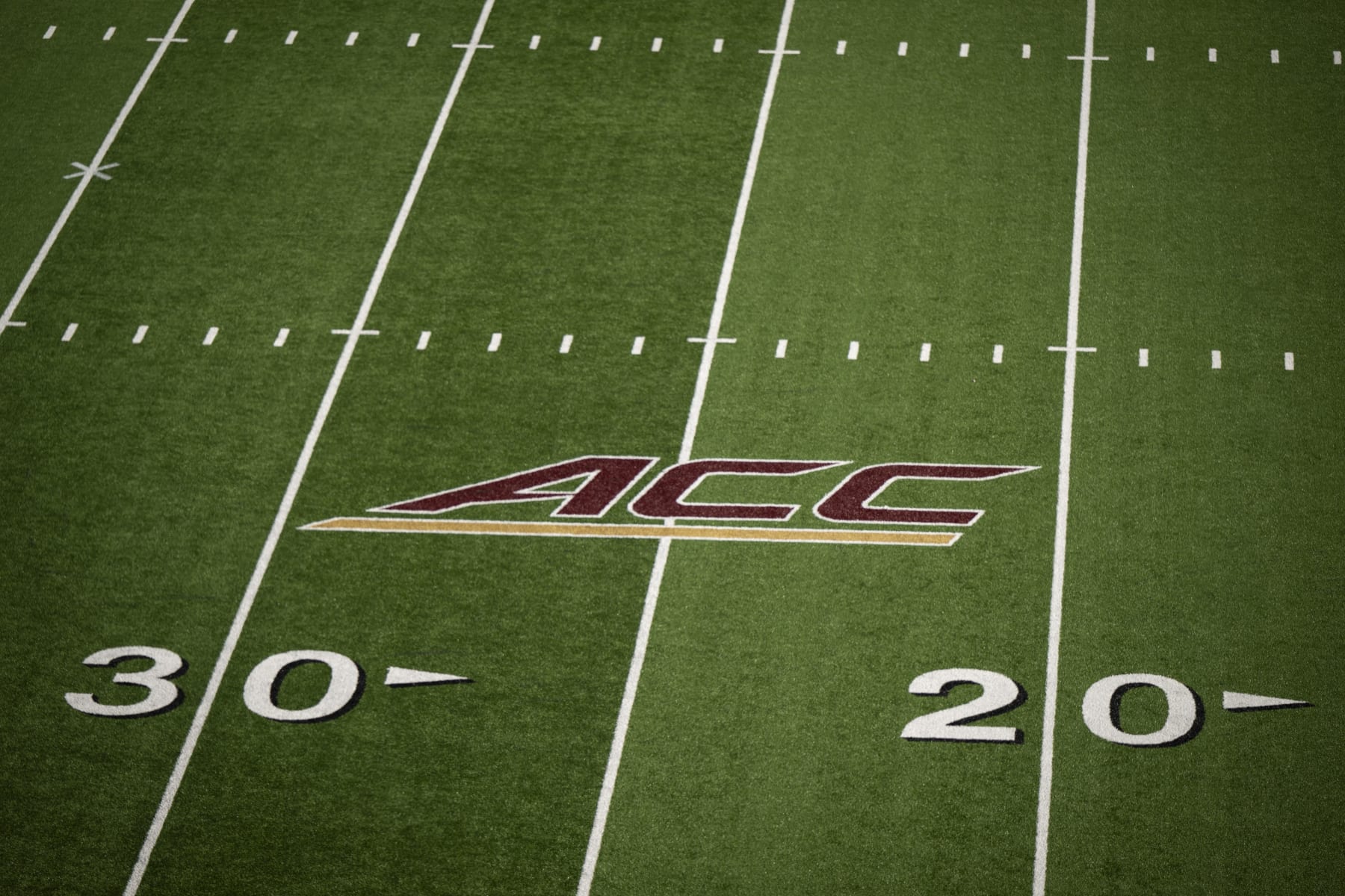 CHESTNUT HILL, MASSACHUSETTS - NOVEMBER 11: A general view of an ACC logo on the field before a game between the Boston College Eagles and the Virginia Tech Hokies at Alumni Stadium on November 11, 2023 in Chestnut Hill, Massachusetts. (Photo by Maddie Malhotra/Getty Images) ***Local Caption ***