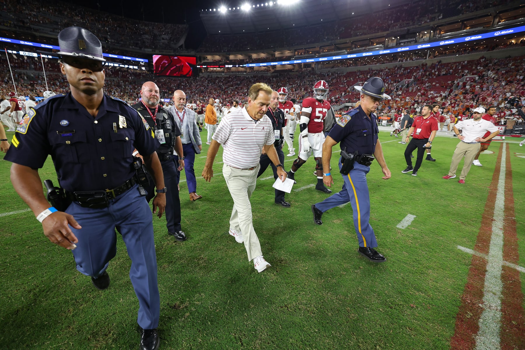 TUSCALOOSA, ALABAMA - SEPTEMBER 09: Head coach Nick Saban of the Alabama Crimson Tide walks off the field after losing to the Texas Longhorns 34-24 at Bryant-Denny Stadium on September 09, 2023 in Tuscaloosa, Alabama. (Photo by Kevin C. Cox/Getty Images)