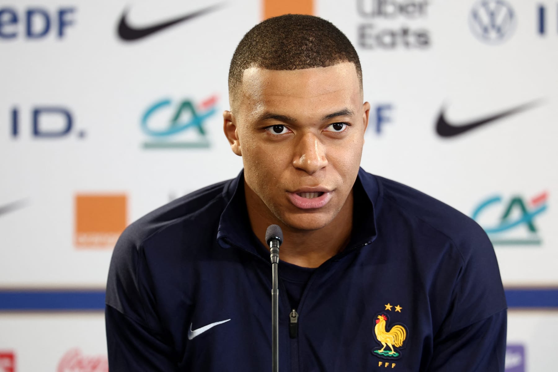 France's forward Kylian Mbappe speaks during a press conference on the eve of the team's international friendly against Luxembourg, as part of their preparations for the UEFA Euro 2024 European football championships, in Longeville-les-Metz, eastern France, on June 4, 2024. (Photo by FRANCK FIFE / AFP) (Photo by FRANCK FIFE/AFP via Getty Images)