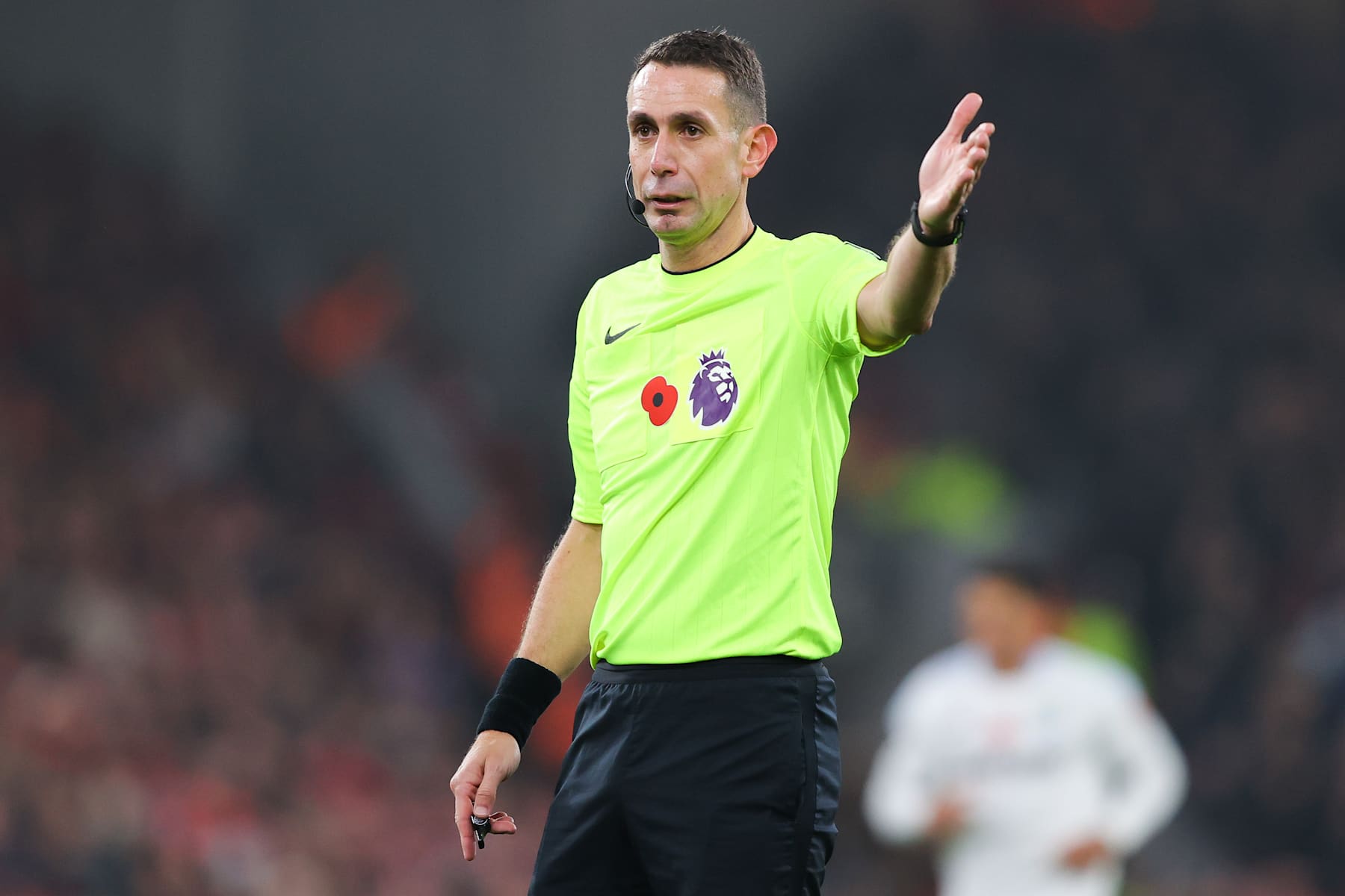 LIVERPOOL, ENGLAND - NOVEMBER 09: Referee David Coote gestures during the Premier League match between Liverpool FC and Aston Villa FC at Anfield on November 09, 2024 in Liverpool, England. (Photo by James Gill - Danehouse/Getty Images)
