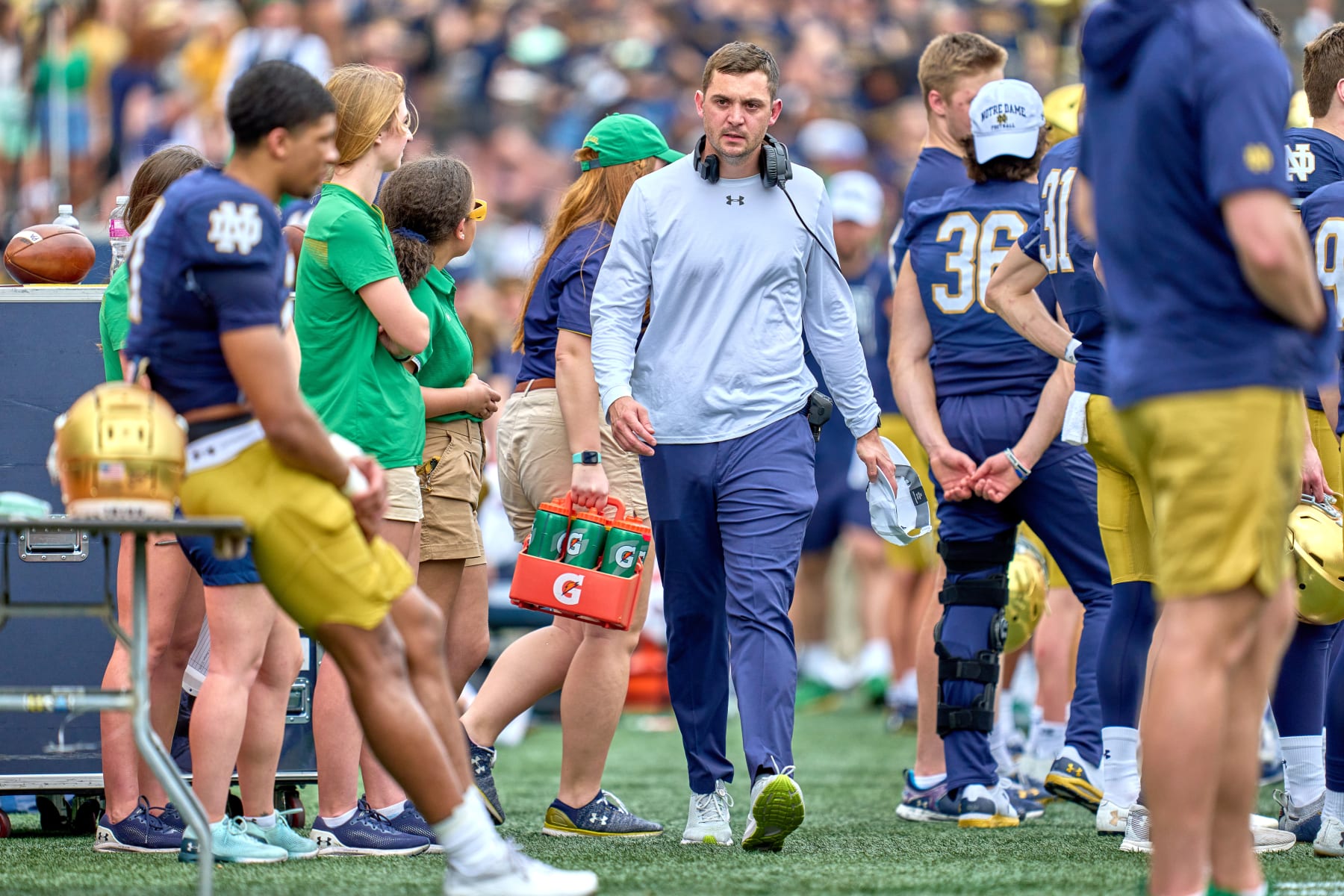 SOUTH BEND, IN - APRIL 23: Notre Dame Fighting Irish offensive coordinator Tommy Rees looks on during the Notre Dame Blue-Gold Spring Football Game on April 23, 2022 at Notre Dame Stadium in South Bend, IN. (Photo by Robin Alam/Icon Sportswire via Getty Images)