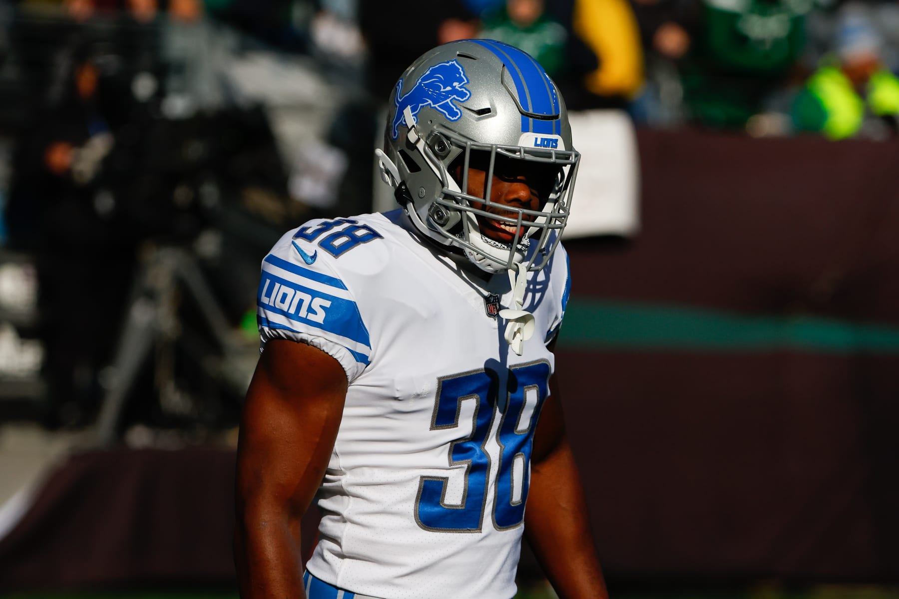 EAST RUTHERFORD, NJ - DECEMBER 18:  Detroit Lions safety C.J. Moore (38) warms up prior to the National Football League game between the New York Jets and the Detroit Lions on December 18, 2022 at MetLife Stadium in East Rutherford, New Jersey.  (Photo by Rich Graessle/Icon Sportswire via Getty Images)