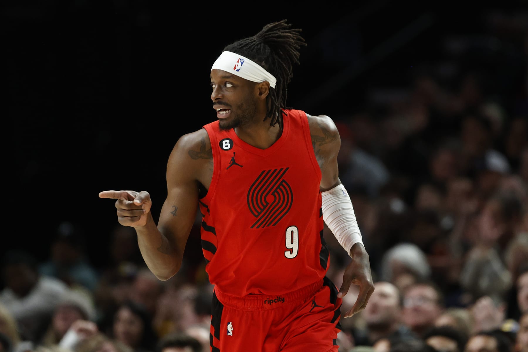 PORTLAND, OREGON - JANUARY 22: Jerami Grant #9 of the Portland Trail Blazers reacts after his three point basket against the Los Angeles Lakers  at Moda Center on January 22, 2023 in Portland, Oregon. NOTE TO USER: User expressly acknowledges and agrees that, by downloading and/or using this photograph, User is consenting to the terms and conditions of the Getty Images License Agreement. (Photo by Steph Chambers/Getty Images)