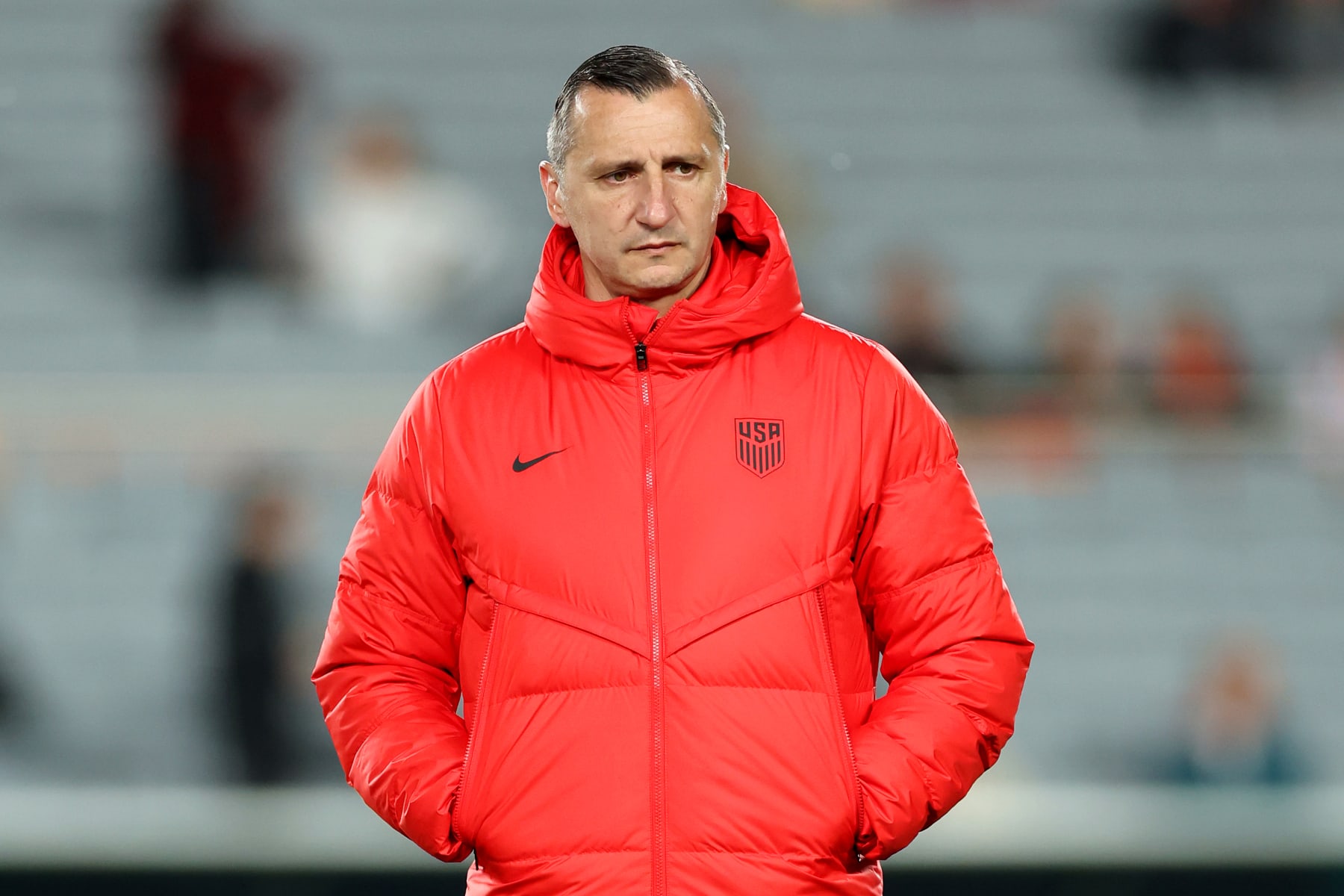 AUCKLAND, NEW ZEALAND - AUGUST 01: Vlatko Andonovski, Head Coach of USA, is seen during the warm up prior to the FIFA Women's World Cup Australia & New Zealand 2023 Group E match between Portugal and USA at Eden Park on August 01, 2023 in Auckland, New Zealand. (Photo by Buda Mendes/Getty Images)