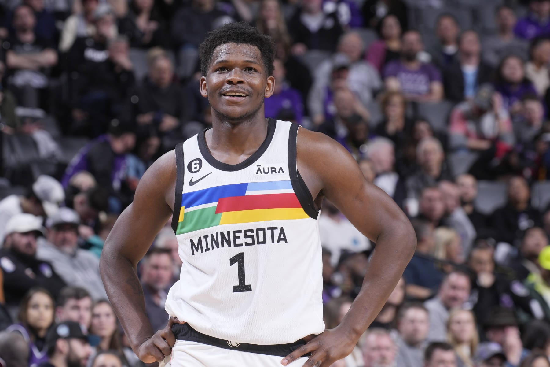 SACRAMENTO, CA - MARCH 27: Anthony Edwards #1 of the Minnesota Timberwolves smiles during the game against the Sacramento Kings on March 27, 2023 at Golden 1 Center in Sacramento, California. NOTE TO USER: User expressly acknowledges and agrees that, by downloading and or using this photograph, User is consenting to the terms and conditions of the Getty Images Agreement. Mandatory Copyright Notice: Copyright 2023 NBAE (Photo by Rocky Widner/NBAE via Getty Images)