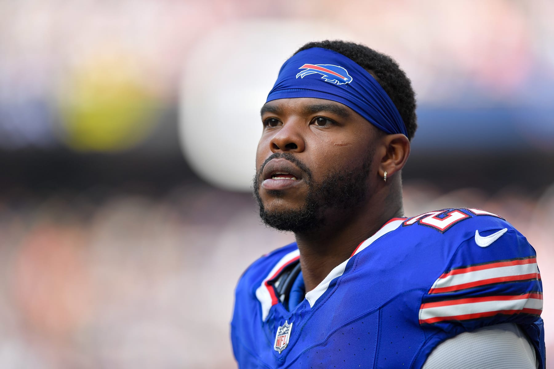 LONDON, ENGLAND - OCTOBER 8: Damien Harris of Buffalo Bills looks on during the NFL match between Jacksonville Jaguars and Buffalo Bills at Tottenham Hotspur Stadium on October 8, 2023 in London, England. (Photo by Vincent Mignott/DeFodi Images via Getty Images)