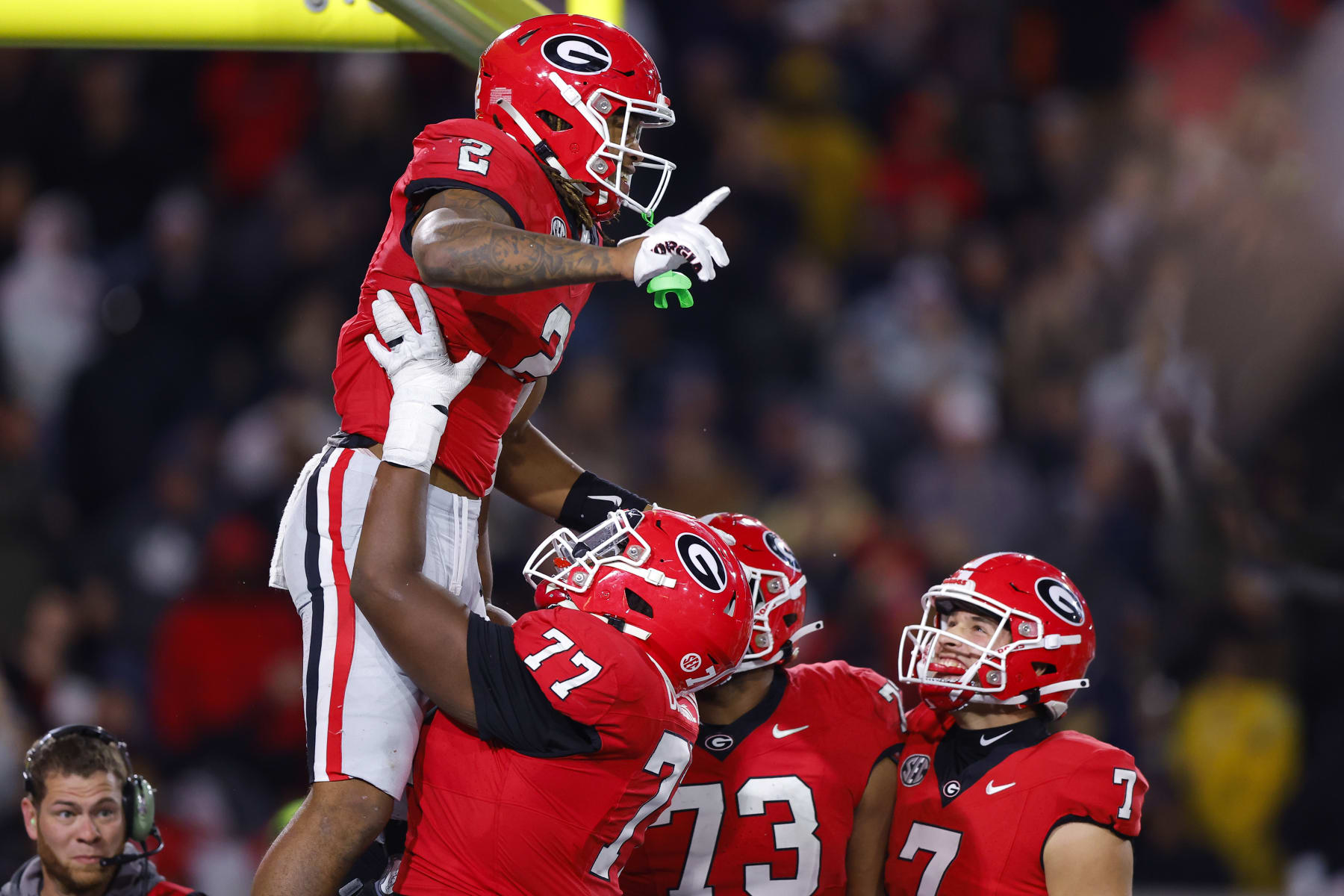 ATLANTA, GEORGIA - NOVEMBER 25: Kendall Milton #2 of the Georgia Bulldogs reacts following a touchdown during the third quarter against the Georgia Tech Yellow Jackets at Bobby Dodd Stadium on November 25, 2023 in Atlanta, Georgia. (Photo by Todd Kirkland/Getty Images)