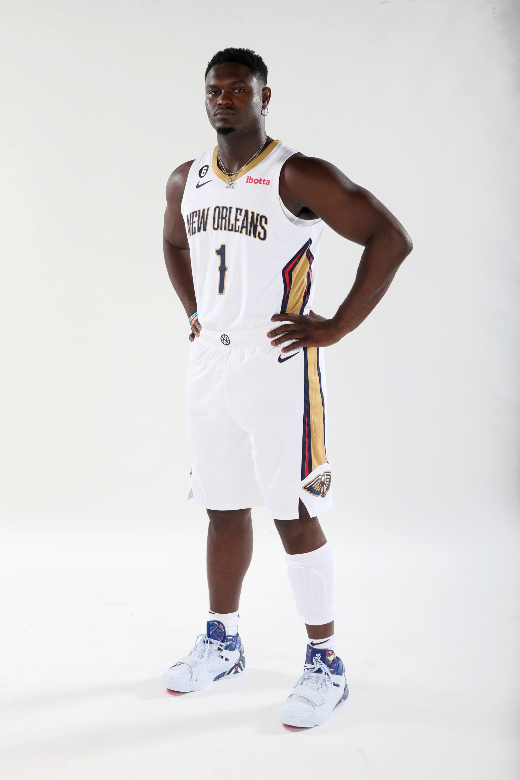 NEW ORLEANS, LA - SEPTEMBER 26: Zion Williamson #1 of the New Orleans Pelicans poses for a photograph in New Orleans, Louisiana. NOTE TO USER: User expressly acknowledges and agrees that, by downloading and or using this Photograph, user is consenting to the terms and conditions of the Getty Images License Agreement. Mandatory Copyright Notice: Copyright 2022 NBAE (Photo by Layne Murdoch Jr./NBAE via Getty Images)