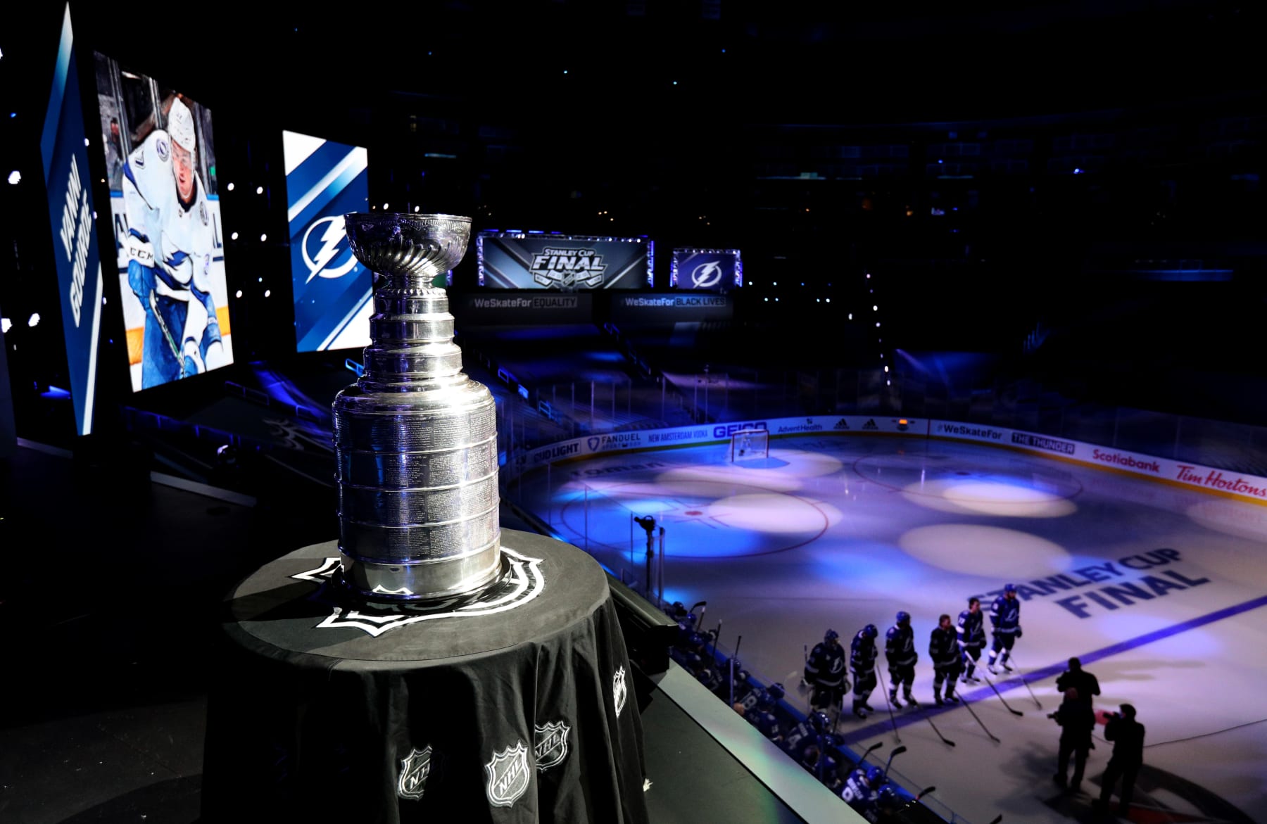 EDMONTON, ALBERTA - SEPTEMBER 19: A general view is seen of the Stanley Cup during pre-game ceremonies before Game One of the NHL Stanley Cup Final between the Dallas Stars and the Tampa Bay Lightning at Rogers Place on September 19, 2020 in Edmonton, Alberta, Canada. (Photo by Dave Sandford/NHLI via Getty Images)